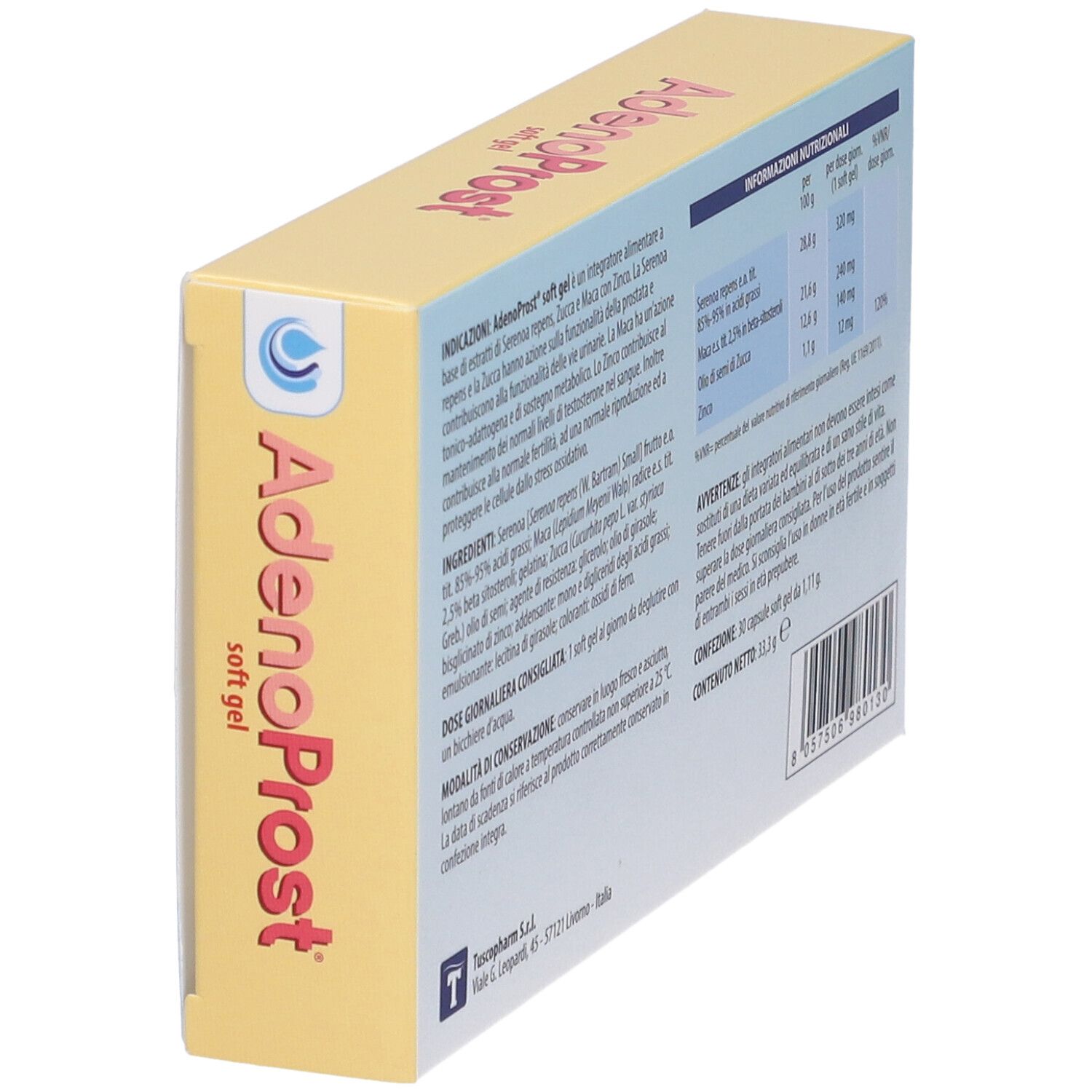 Scatola "AdenoProst soft gel". Vista laterale. Contiene informazioni sugli ingredienti e i valori nutrizionali.
