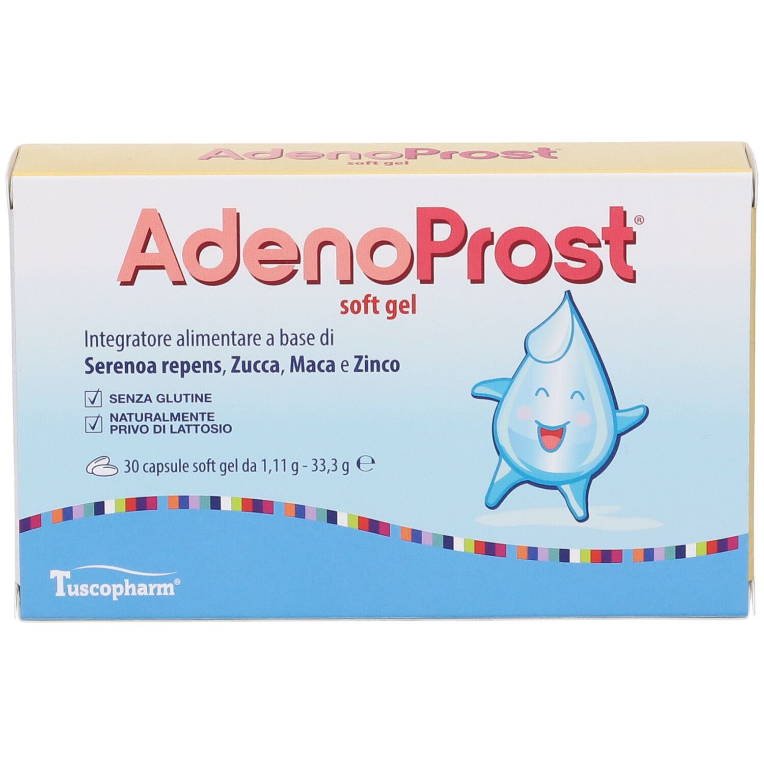 Scatola gialla "AdenoProst soft gel". Contiene 30 capsule. Goccia con volto.