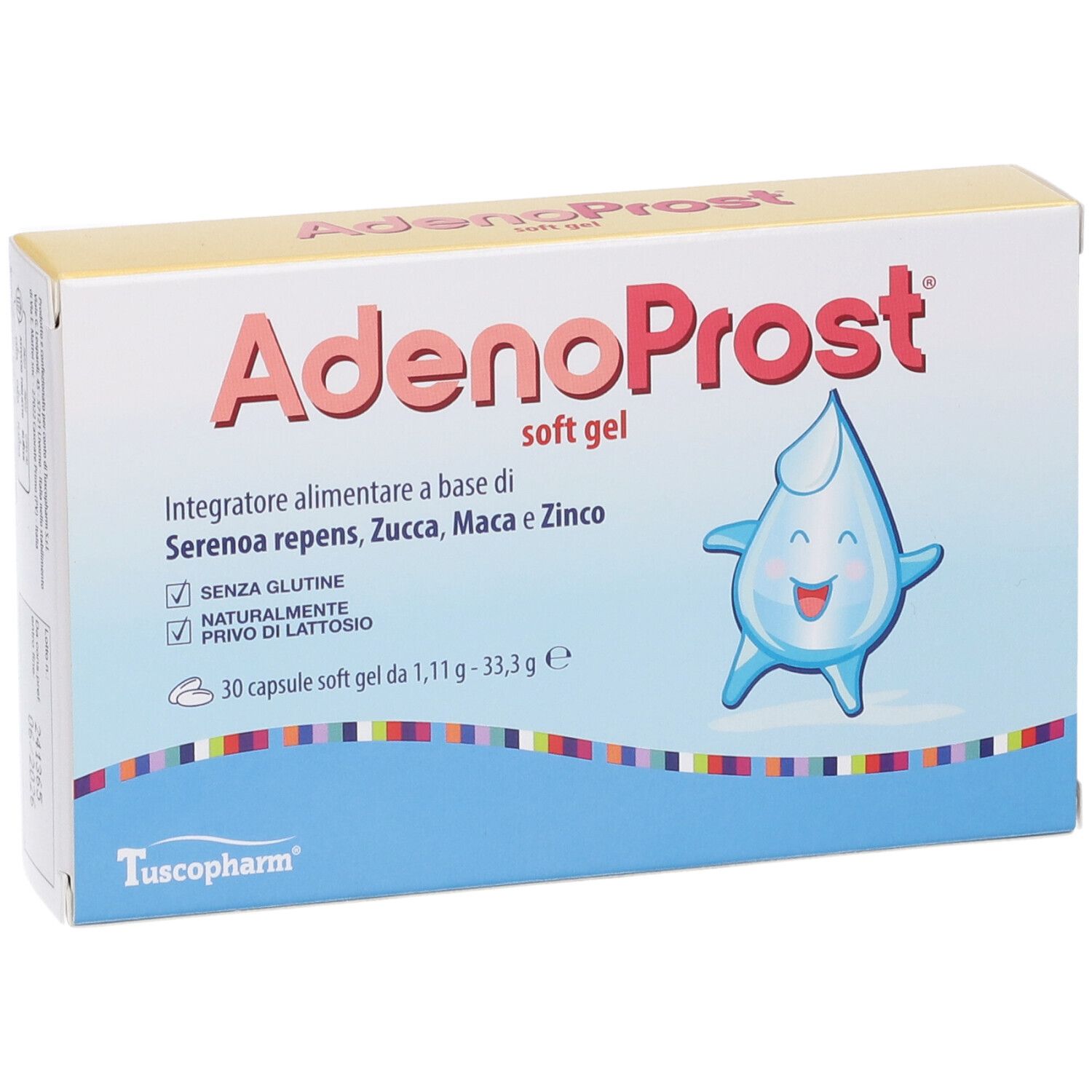 Scatola blu "AdenoProst soft gel". Contiene 30 capsule. Goccia con volto.