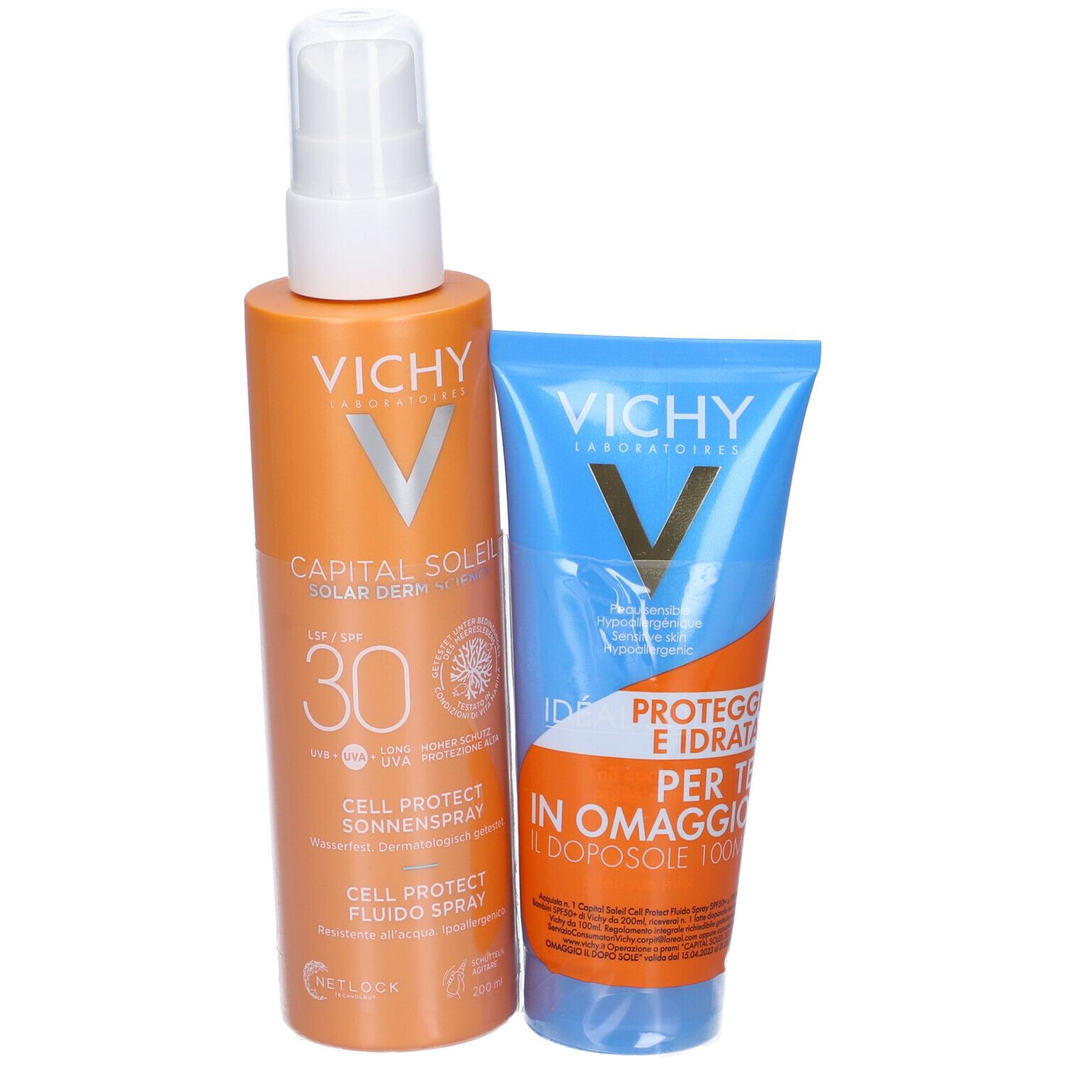 Spray solare e doposole. Flacone arancione, tubo blu. Entrambi con logo e testo. Protezione solare 30.