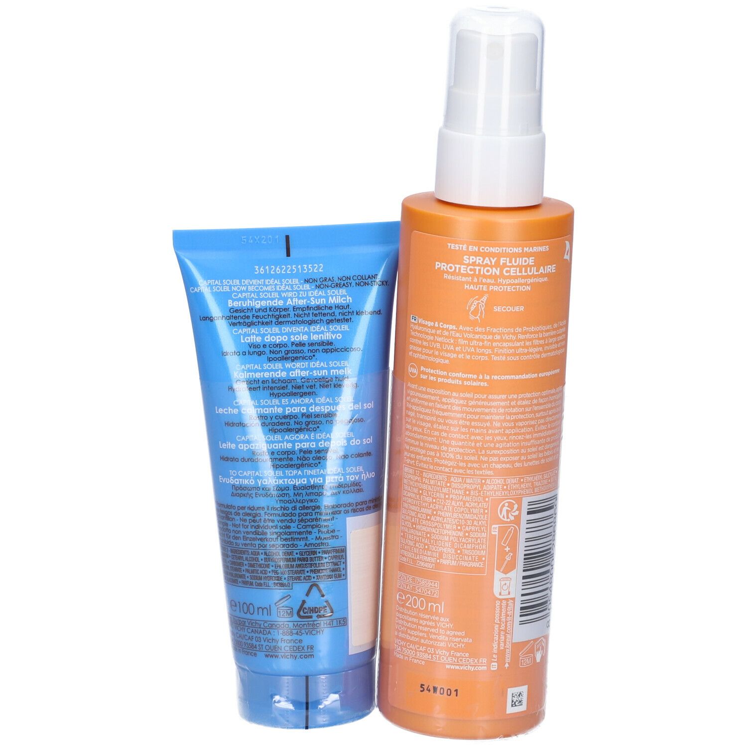 Retro di spray solare e doposole. Flacone arancione, tubo blu. Testo e informazioni visibili.