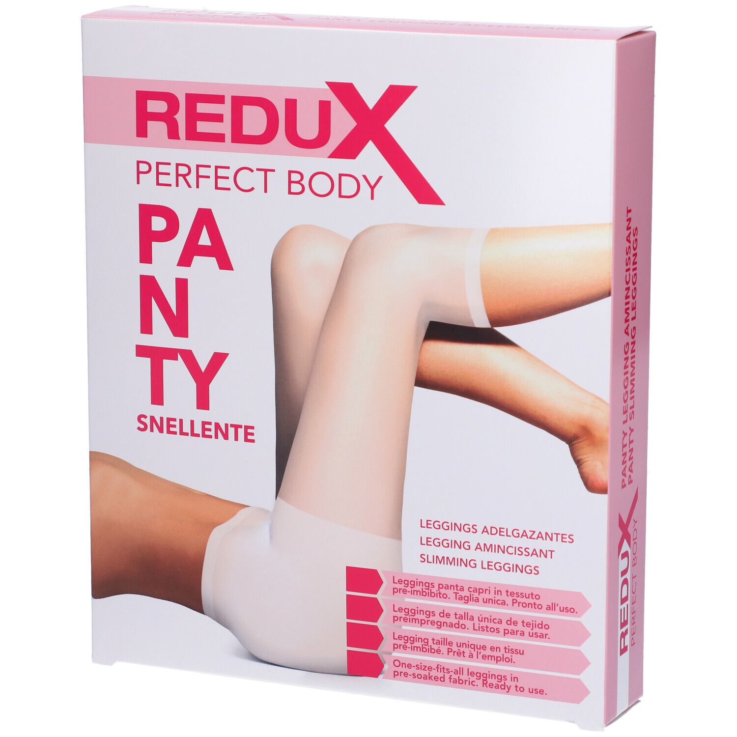 Scatola rosa con immagine del prodotto. Scritta: REDUX PERFECT BODY PANTY SNELLENTE. Prodotto: Leggings capri.