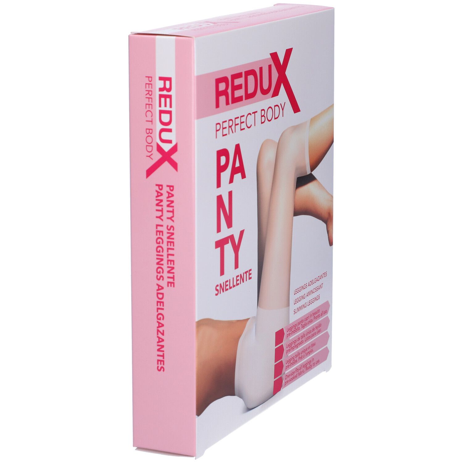Vista obliqua della confezione rosa. Scritta: REDUX PERFECT BODY PANTY SNELLENTE. Prodotto: Leggings capri. Testo multilingue.