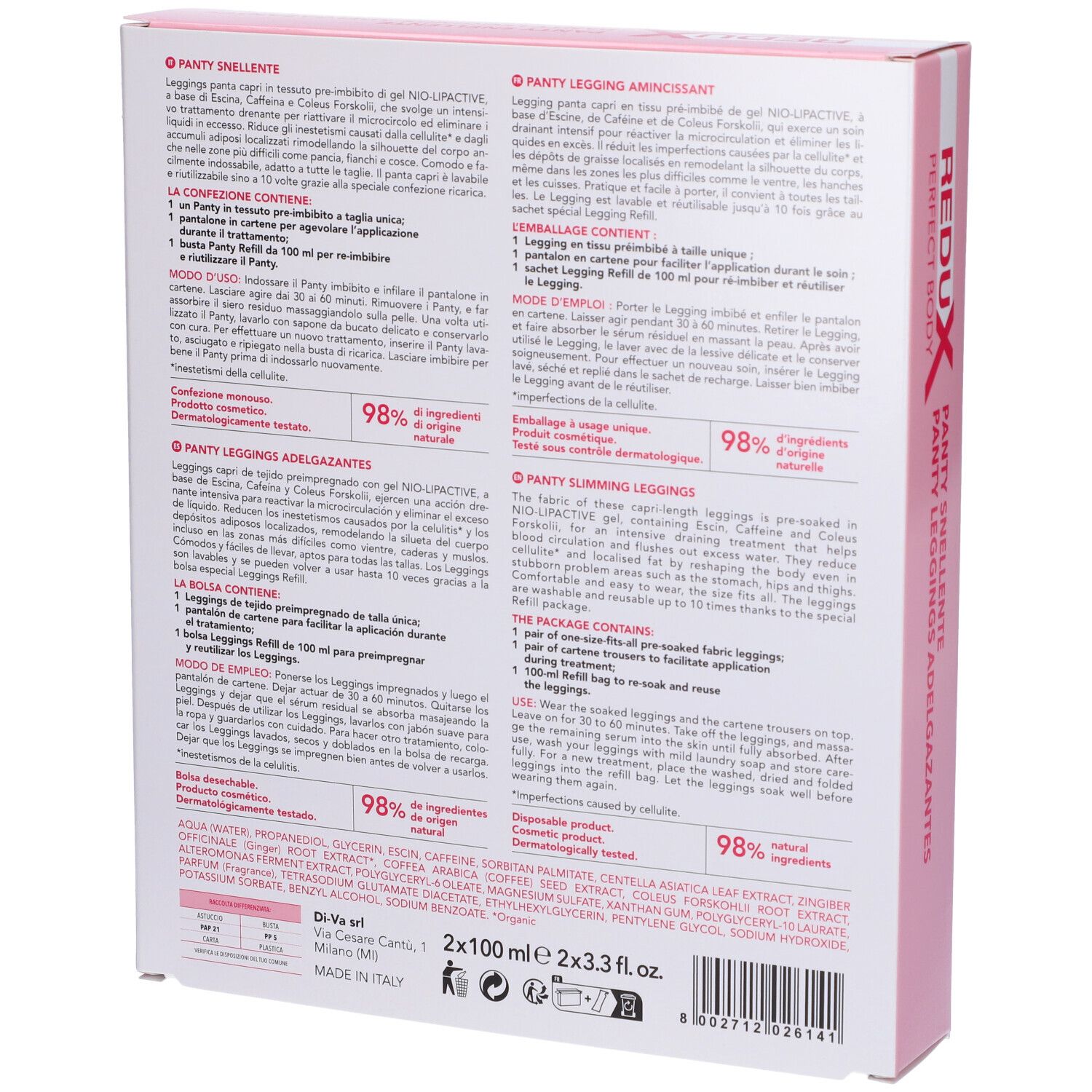 Retro della confezione rosa. Testo multilingue. Informazioni sul prodotto, ingredienti, istruzioni per l'uso, certificazioni.