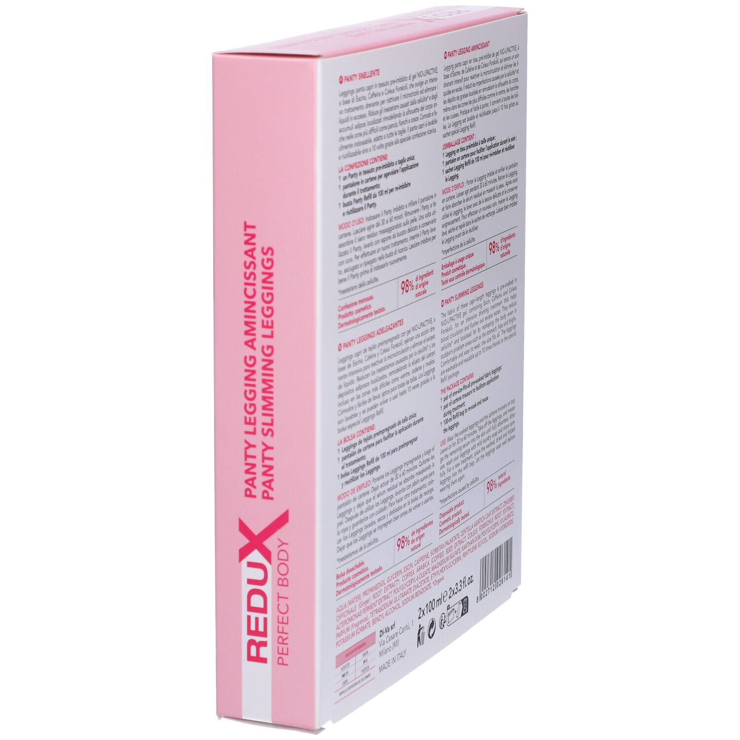 Vista obliqua della confezione rosa. Scritta: REDUX PERFECT BODY PANTY SNELLENTE. Testo multilingue. Informazioni sul prodotto.