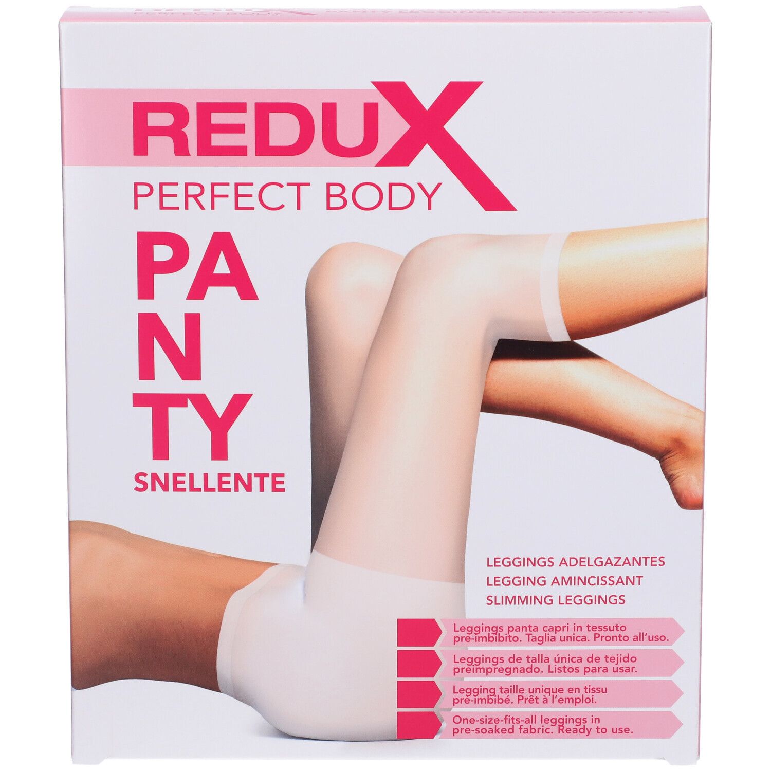 Scatola rosa con immagine del prodotto. Scritta: REDUX PERFECT BODY PANTY SNELLENTE. Prodotto: Leggings capri.
