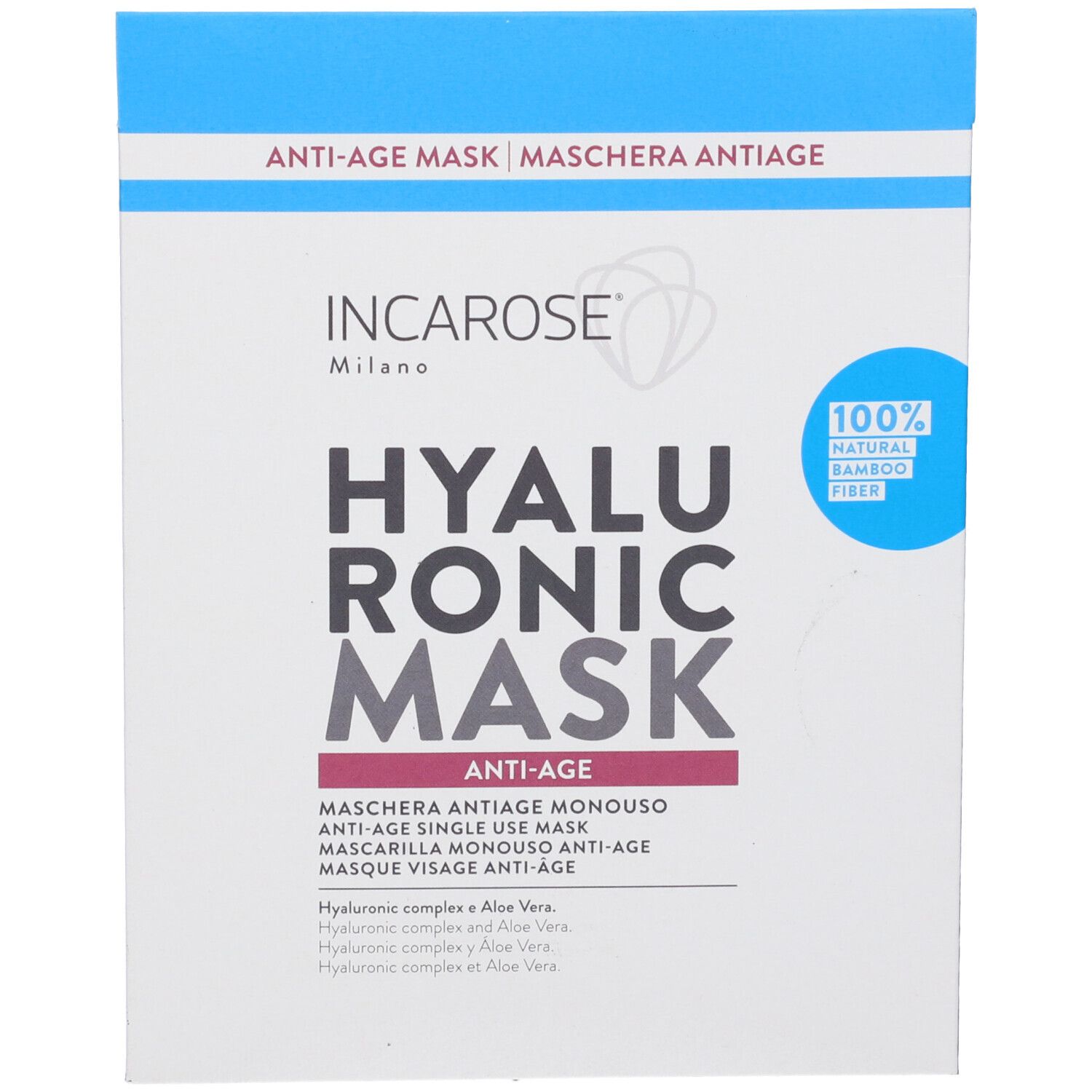 Confezione bianca e blu con testo: Hyaluronic Mask, Anti-Age. Logo Incarose. Fibra di bambù 100% naturale.