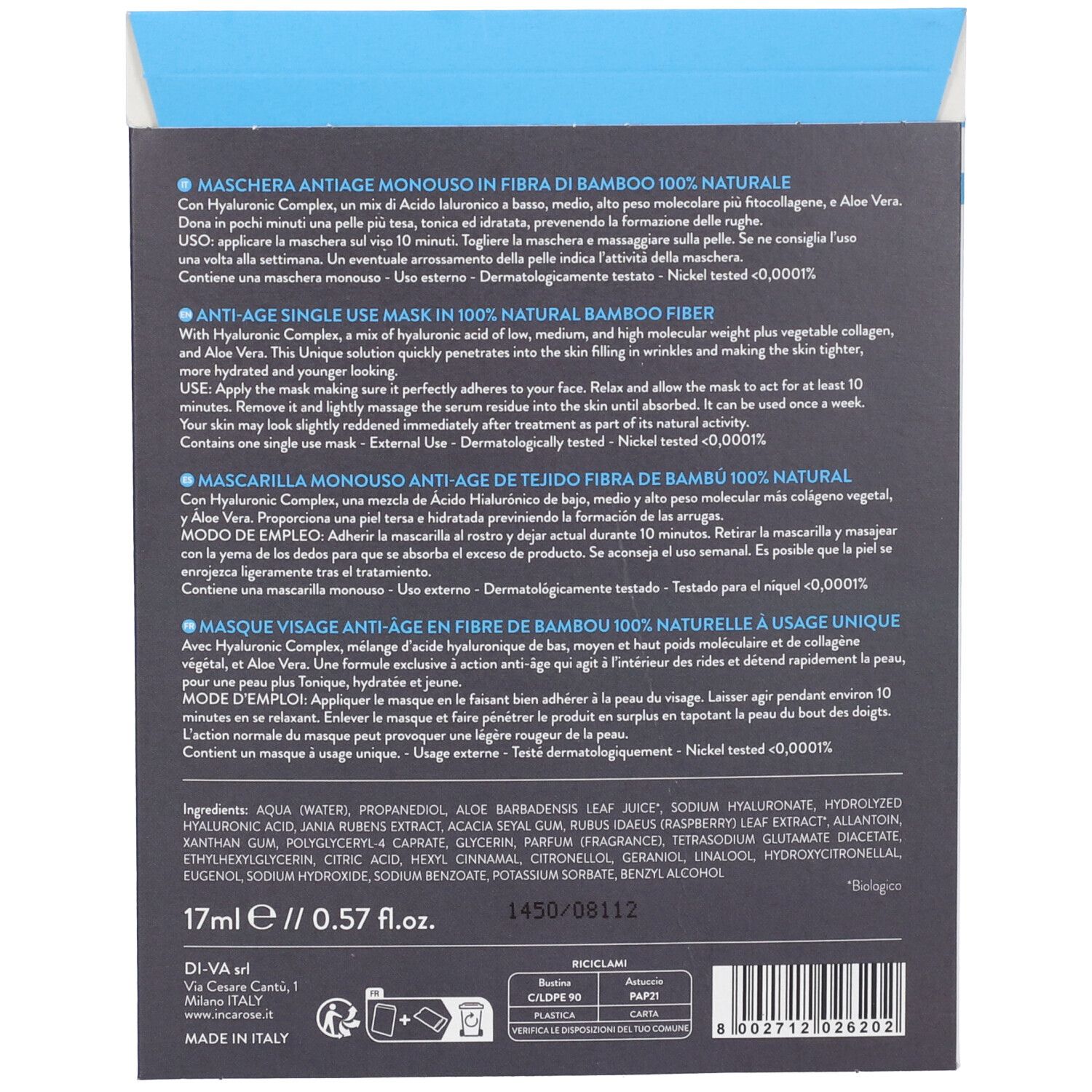 Retro della confezione con testo e ingredienti. Contiene 17ml. Testo in tedesco, italiano, olandese e francese.