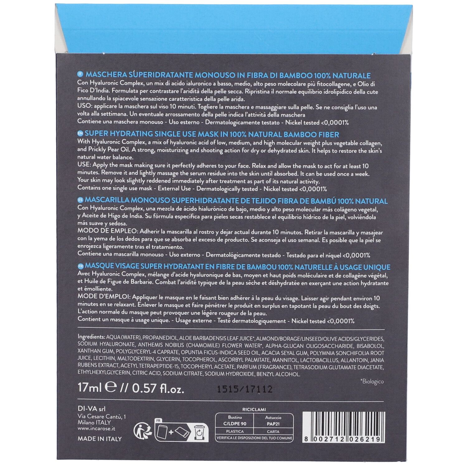 Rückseite der Hyaluronic Mask Verpackung. Text und Inhaltsstoffe. 17ml/0.57 fl.oz. Biologico-Logo.