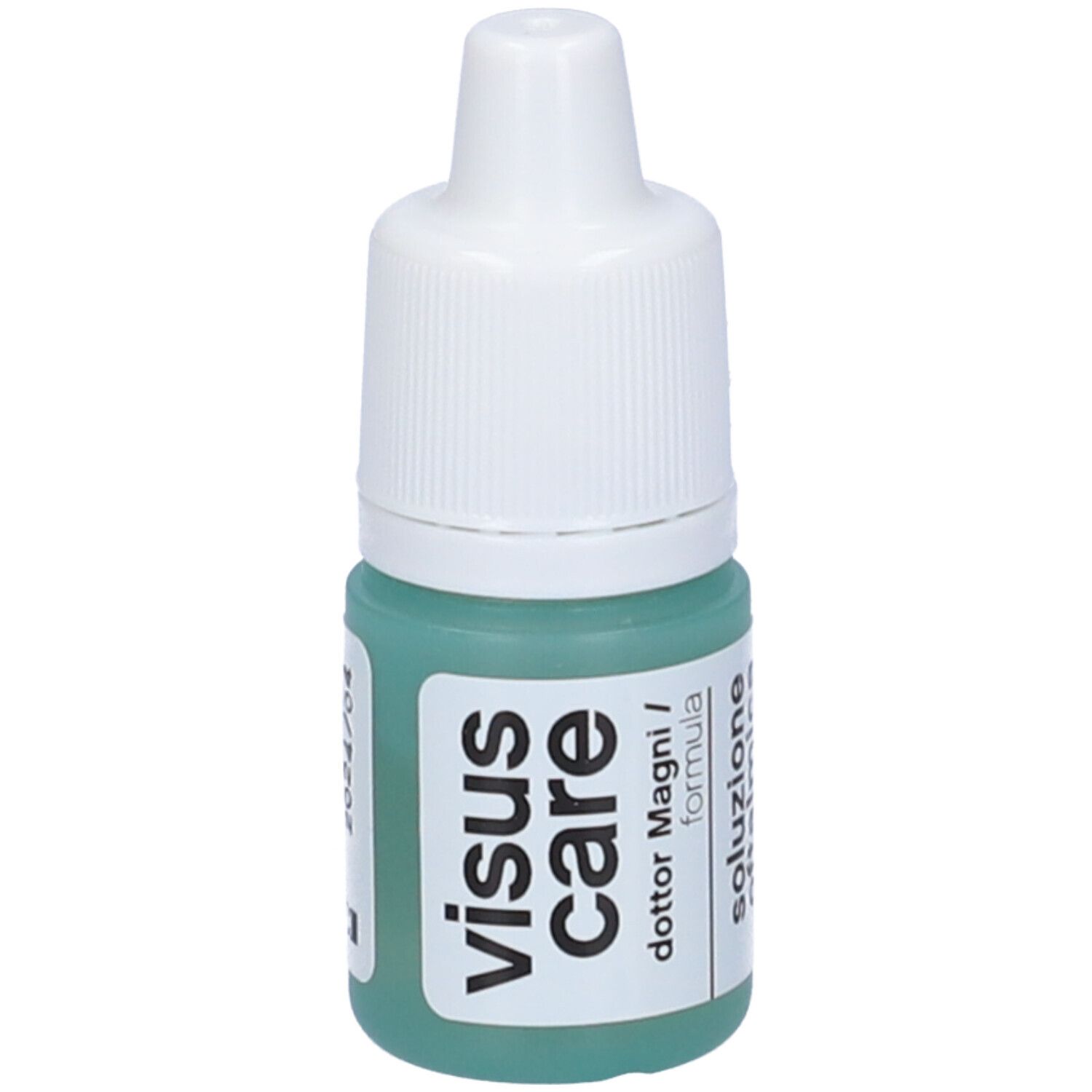 Flacone di collirio con tappo bianco e liquido verde. Scritta: visus care, dottor Magni, soluzione.