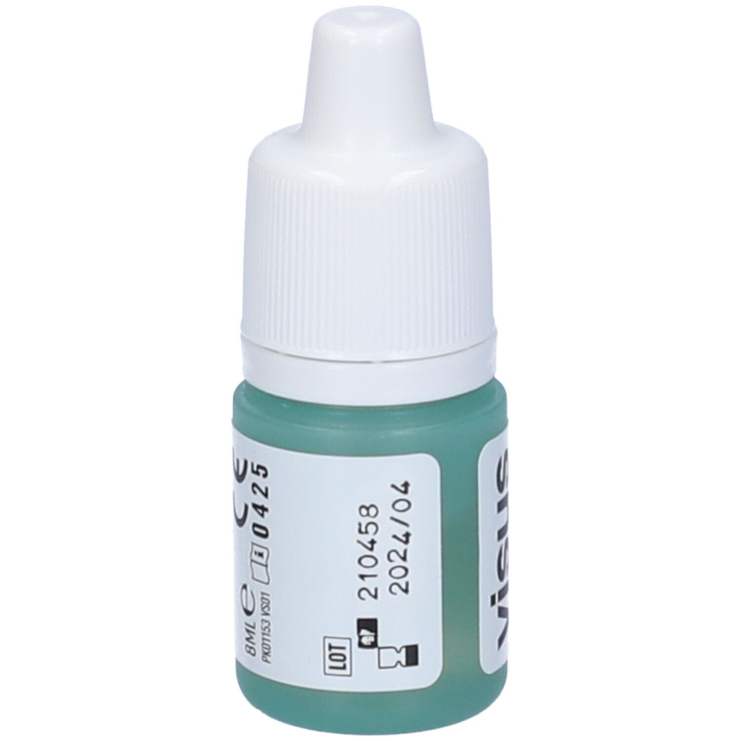 Flacone di collirio con tappo bianco e liquido verde. Scritta: visus care, dottor Magni, soluzione. Con data di scadenza.