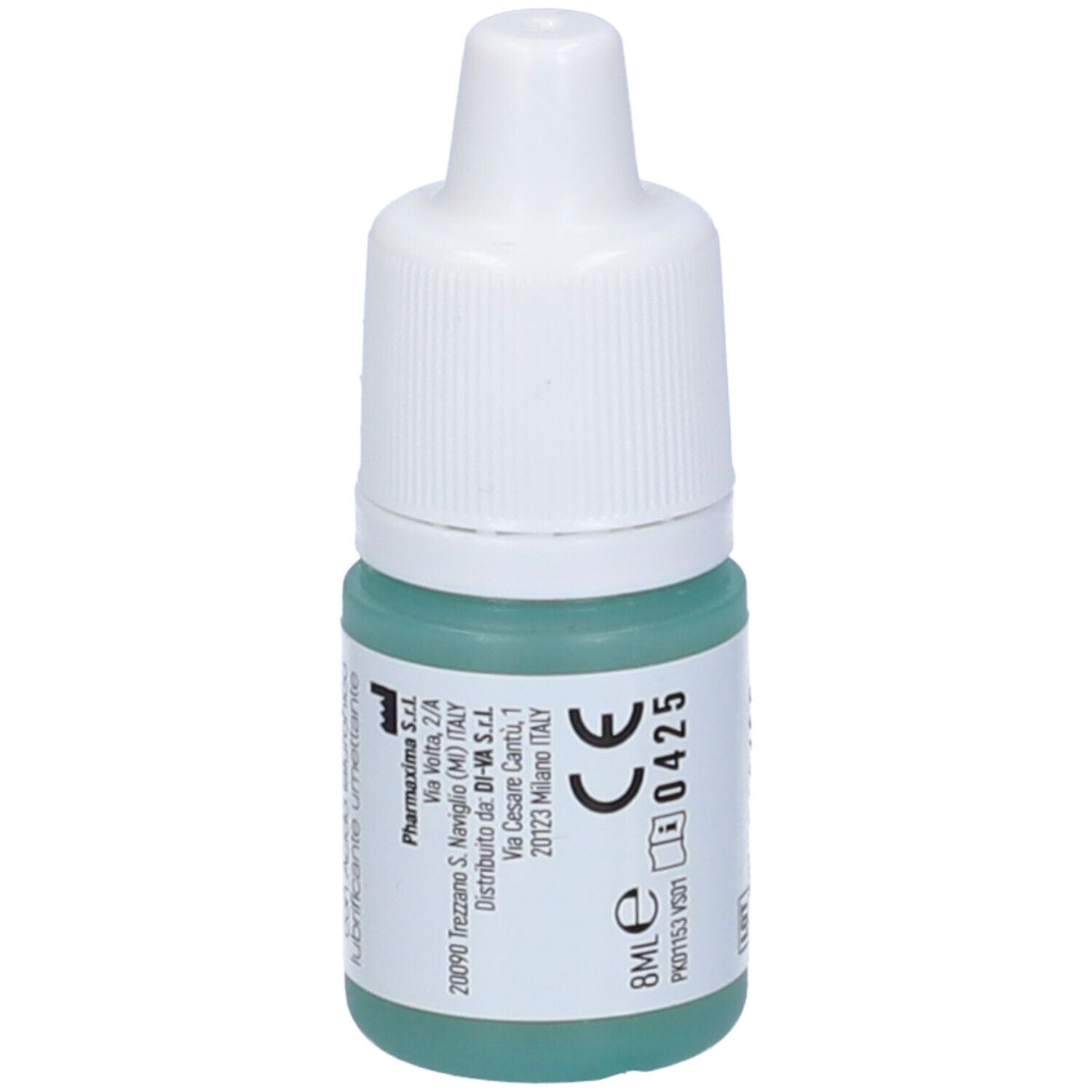 Flacone di collirio con tappo bianco e liquido verde. Scritta: visus care, dottor Magni, soluzione. Con indirizzo del produttore.