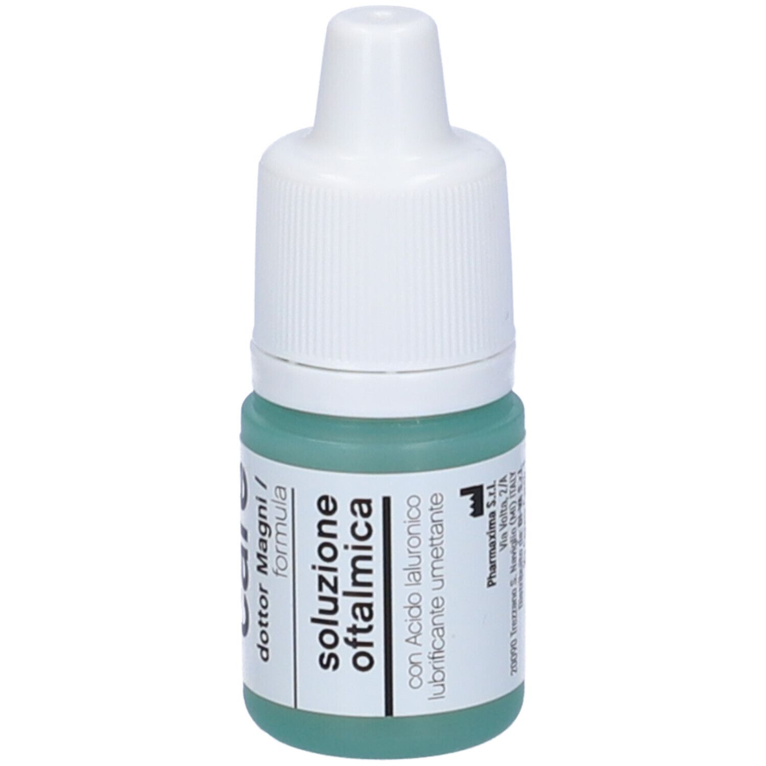 Flacone di collirio con tappo bianco e liquido verde. Scritta: soluzione oftalmica, con Acido ialuronico. Con indirizzo del produttore.