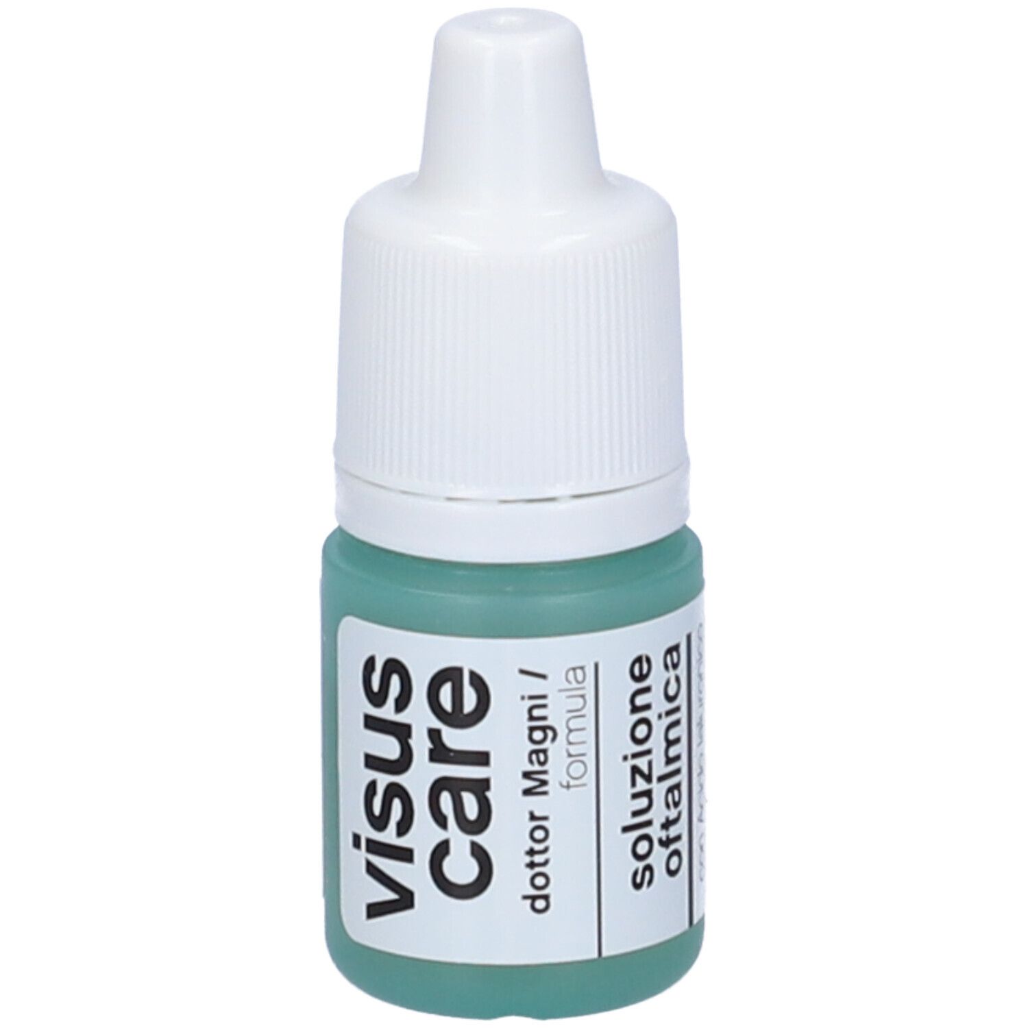 Flacone di collirio con tappo bianco e liquido verde. Scritta: visus care, dottor Magni, soluzione oftalmica.