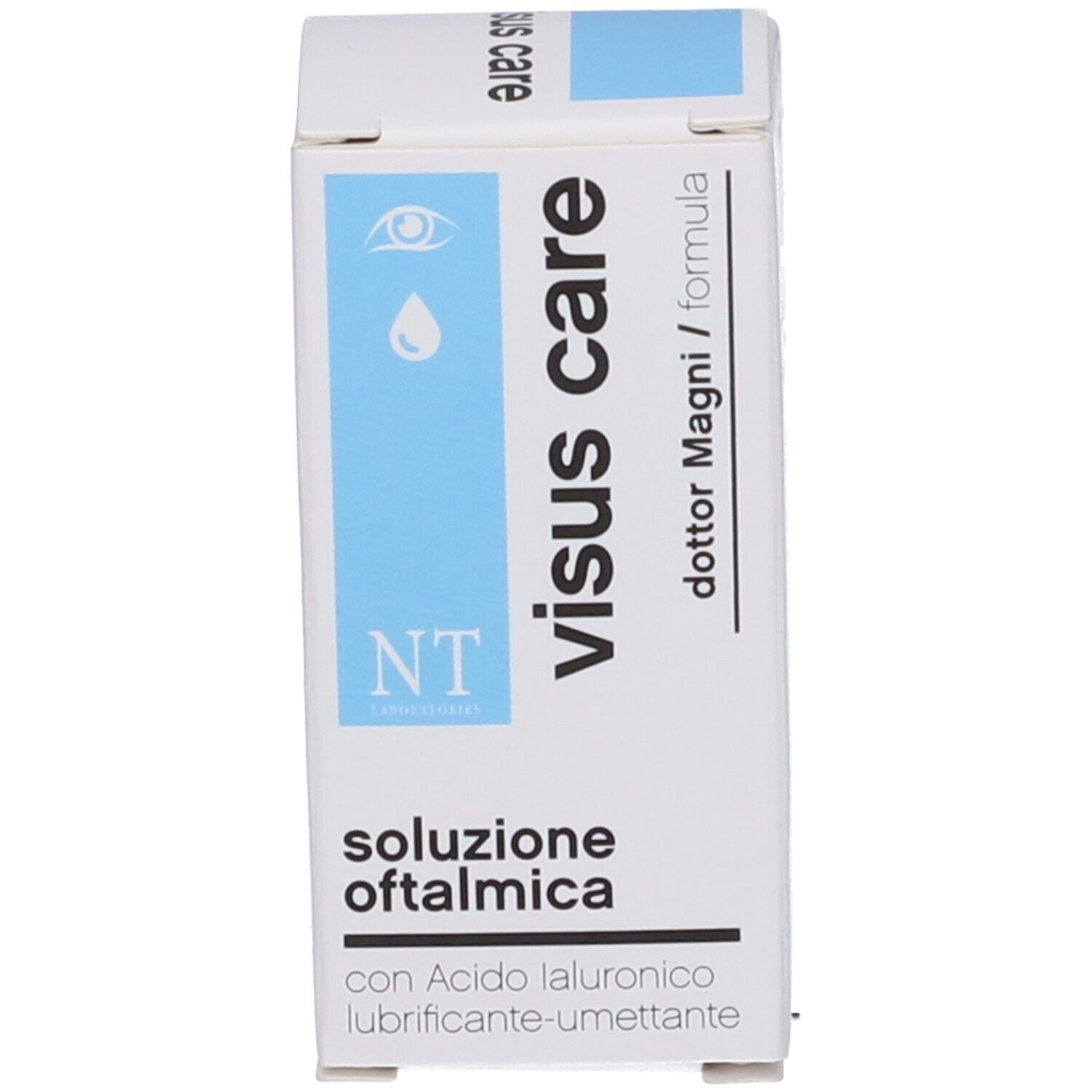 Confezione con scritta: visus care, soluzione oftalmica. Colori blu e bianco. Con nome del prodotto e ingredienti.