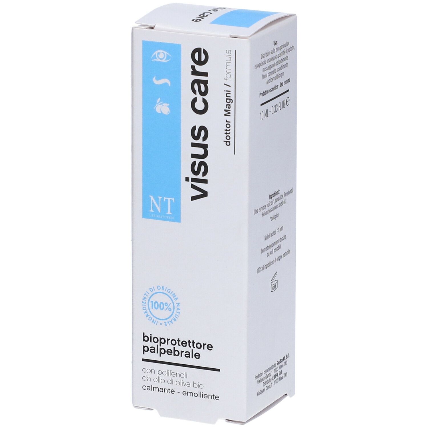 Confezione bianca con banda blu. Scritta: visus care, bioprotettore palpebrale. 100% originale.