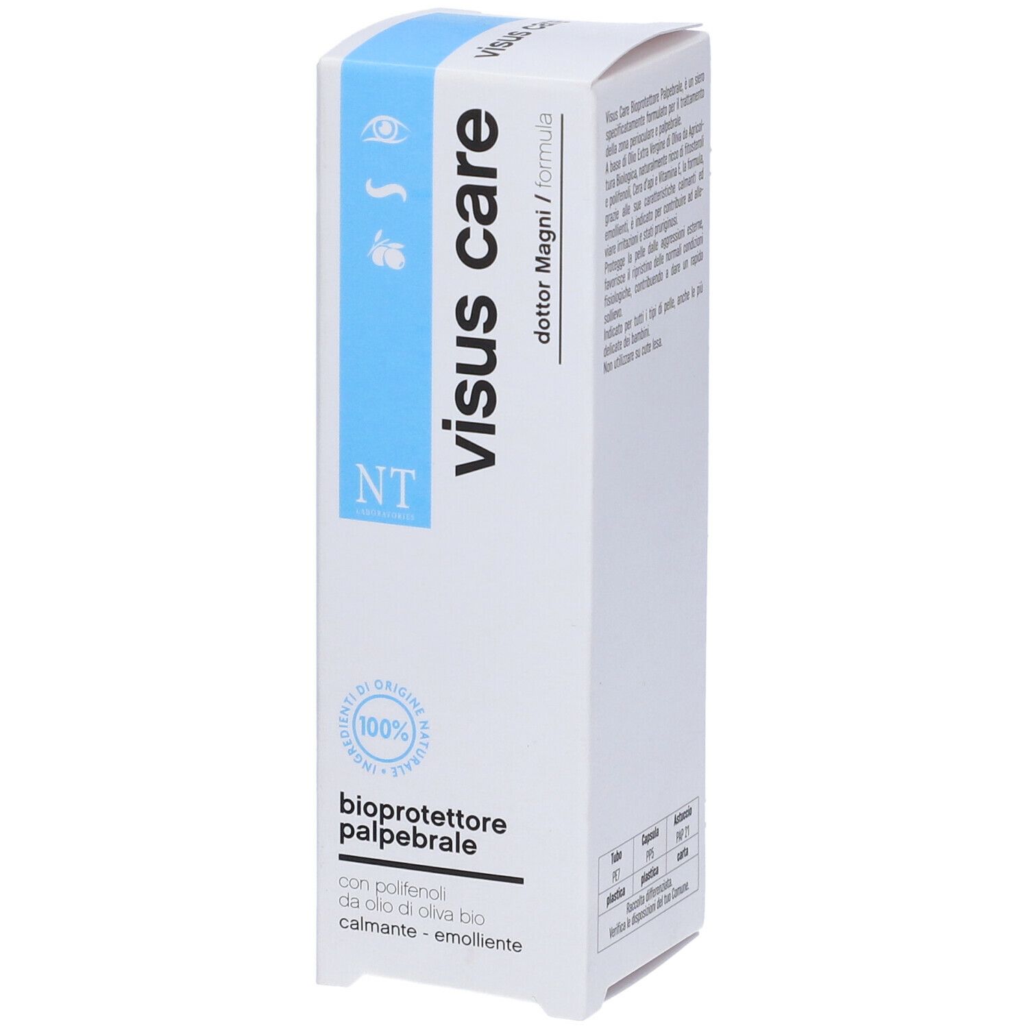 Confezione bianca con banda blu. Scritta: visus care, bioprotettore palpebrale. 100% originale.