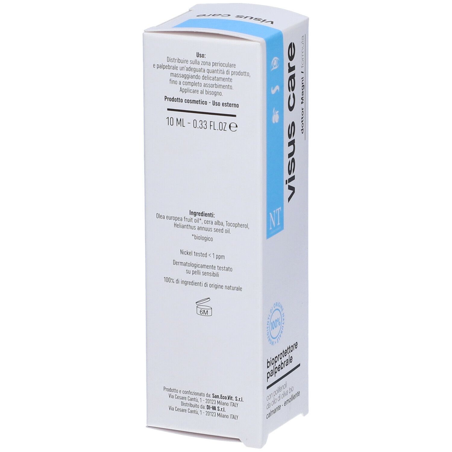 Confezione bianca con banda blu. Scritta: visus care, bioprotettore palpebrale. 10 ml - 0.33 FL.OZ.e.