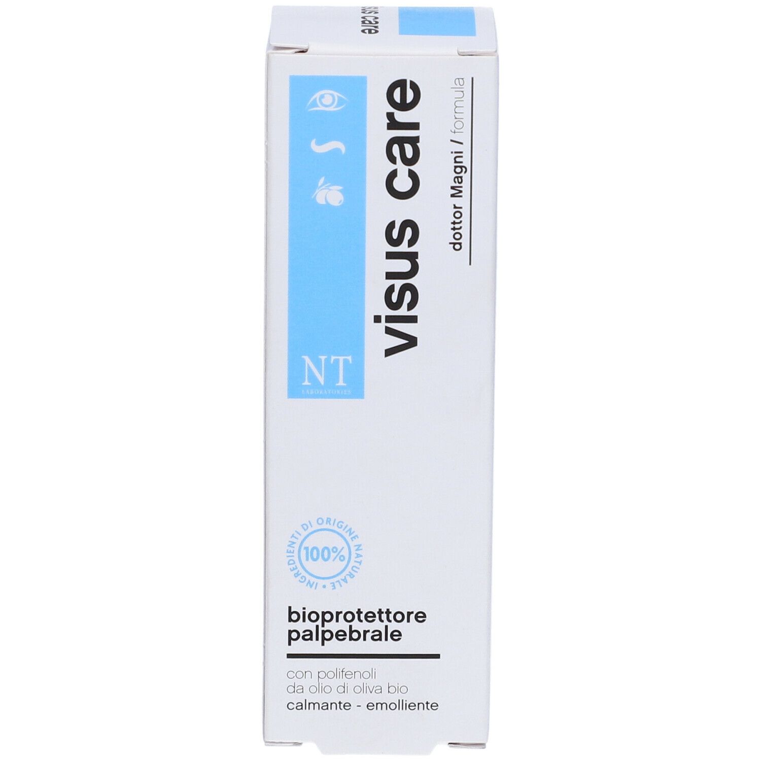 Confezione bianca con banda blu. Scritta: visus care, bioprotettore palpebrale. 100% originale.