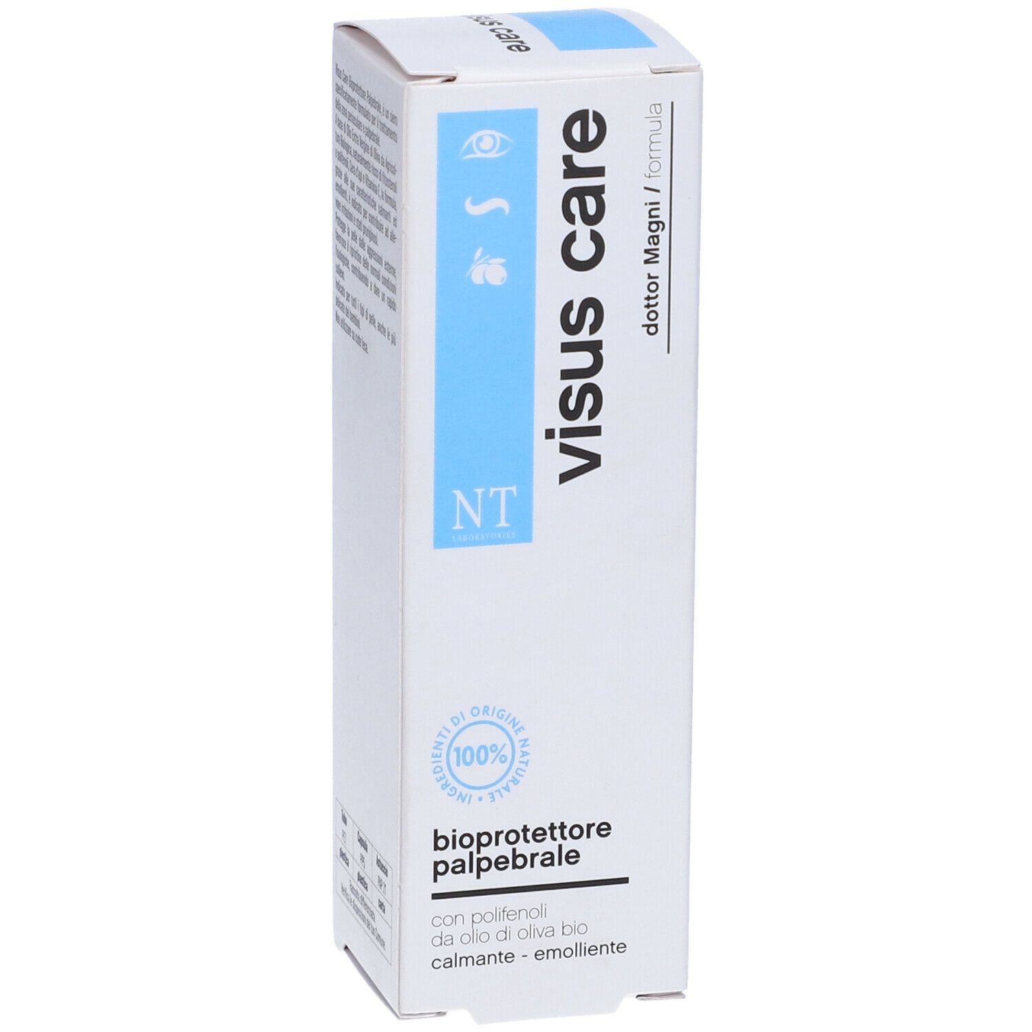 Confezione bianca con banda blu. Scritta: visus care, bioprotettore palpebrale. 100% originale.