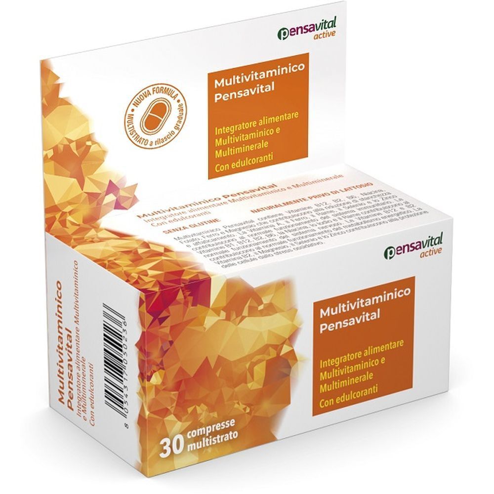 Verpackung von Multivitaminico Pensavital. Enthält 30 Tabletten. Orangefarbene und weiße Verpackung mit Produktinformationen.