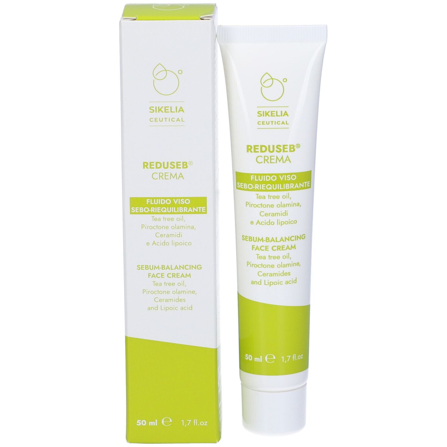 Confezione del prodotto con tubo e scatola. Scritta: Reduseb Crema, Fluido Viso, Serum-Balancing Face Cream. Colori verde e bianco.