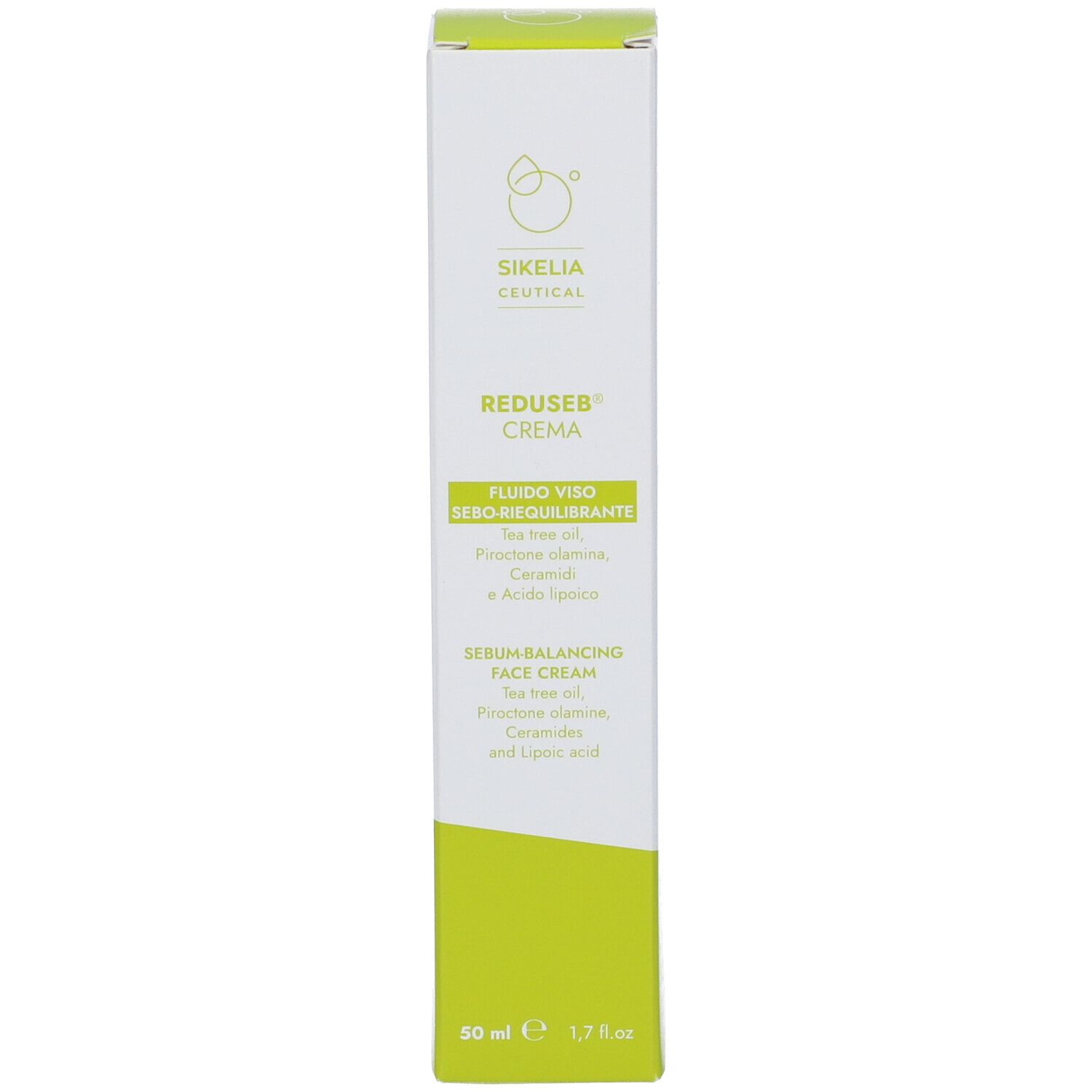 Confezione del prodotto. Scritta: Reduseb Crema, Fluido Viso, Serum-Balancing Face Cream. Colori verde e bianco. Logo.