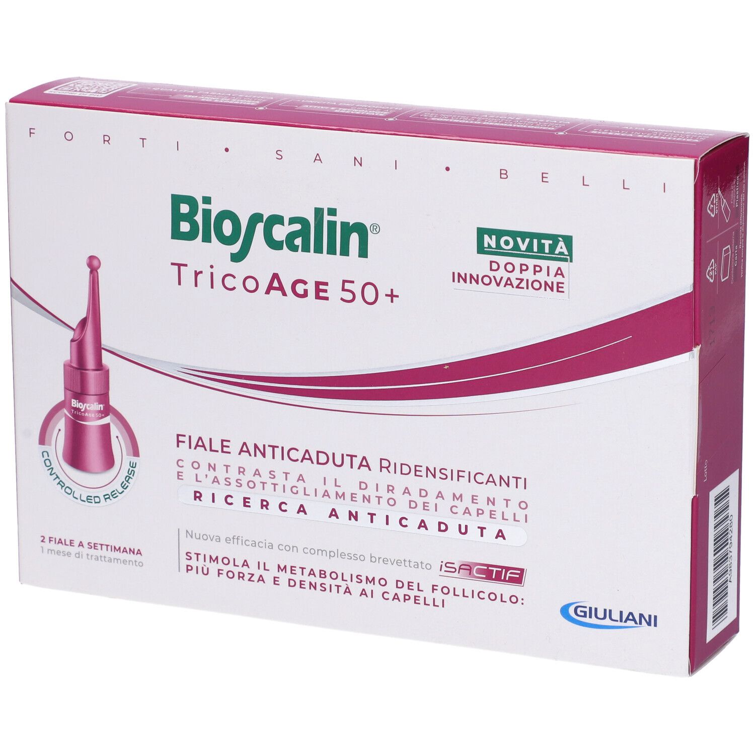 Confezione Bioscalin TricoAge 50+. Contiene fiale. Testo: Fiale Anticaduta Ridensificanti. Logo Giuliani. Novità.