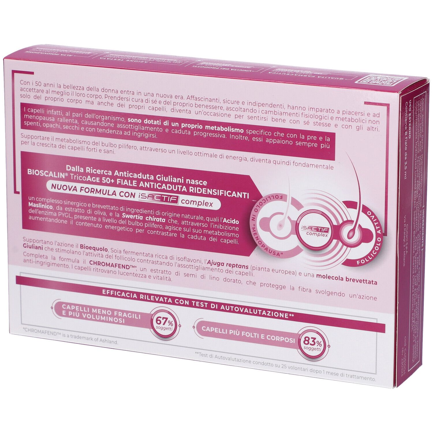Retro della confezione Bioscalin TricoAge 50+. Testo: Fiale Anticaduta Ridensificanti. Ricerca Giuliani. Grafici.