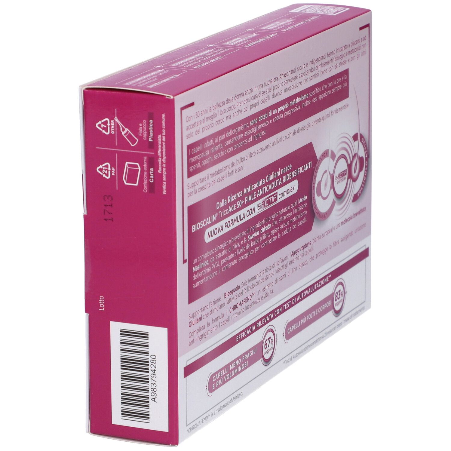 Confezione Bioscalin TricoAge 50+, angolata. Testo: Fiale Anticaduta Ridensificanti. Ricerca Giuliani. Simboli riciclo.