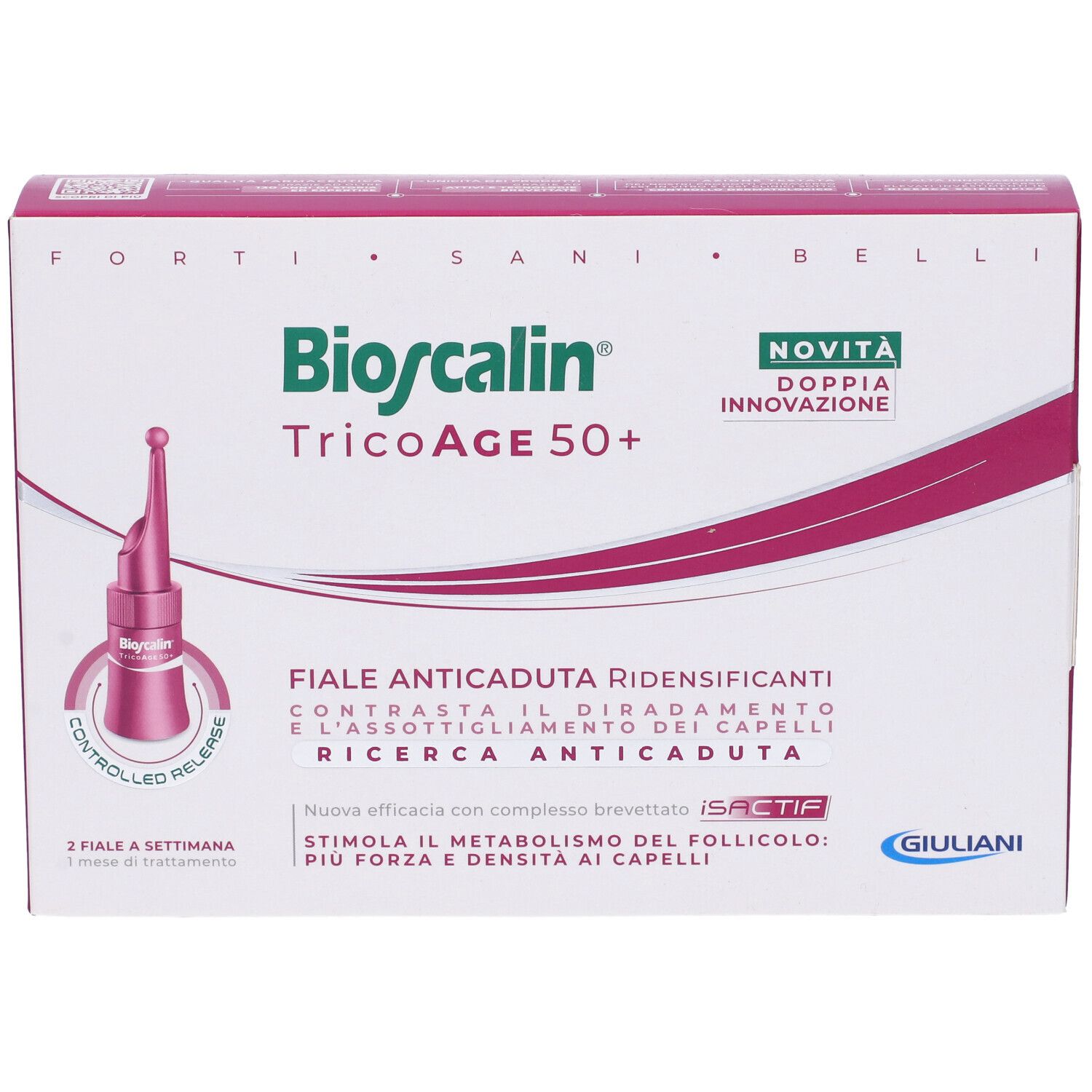 Confezione Bioscalin TricoAge 50+. Contiene fiale. Testo: Fiale Anticaduta Ridensificanti. Logo Giuliani. Novità.