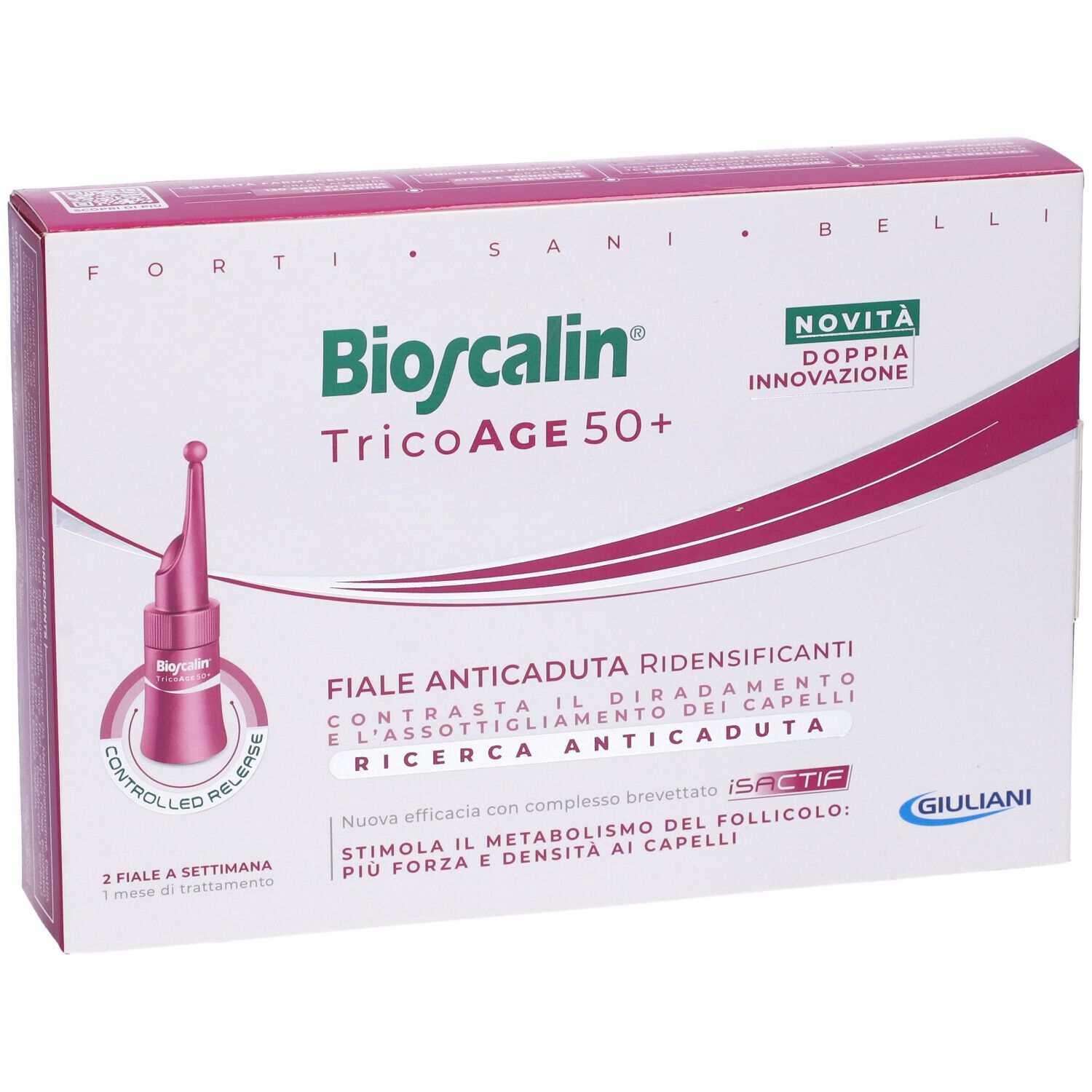 Confezione Bioscalin TricoAge 50+. Contiene fiale. Testo: Fiale Anticaduta Ridensificanti. Logo Giuliani. Novità.