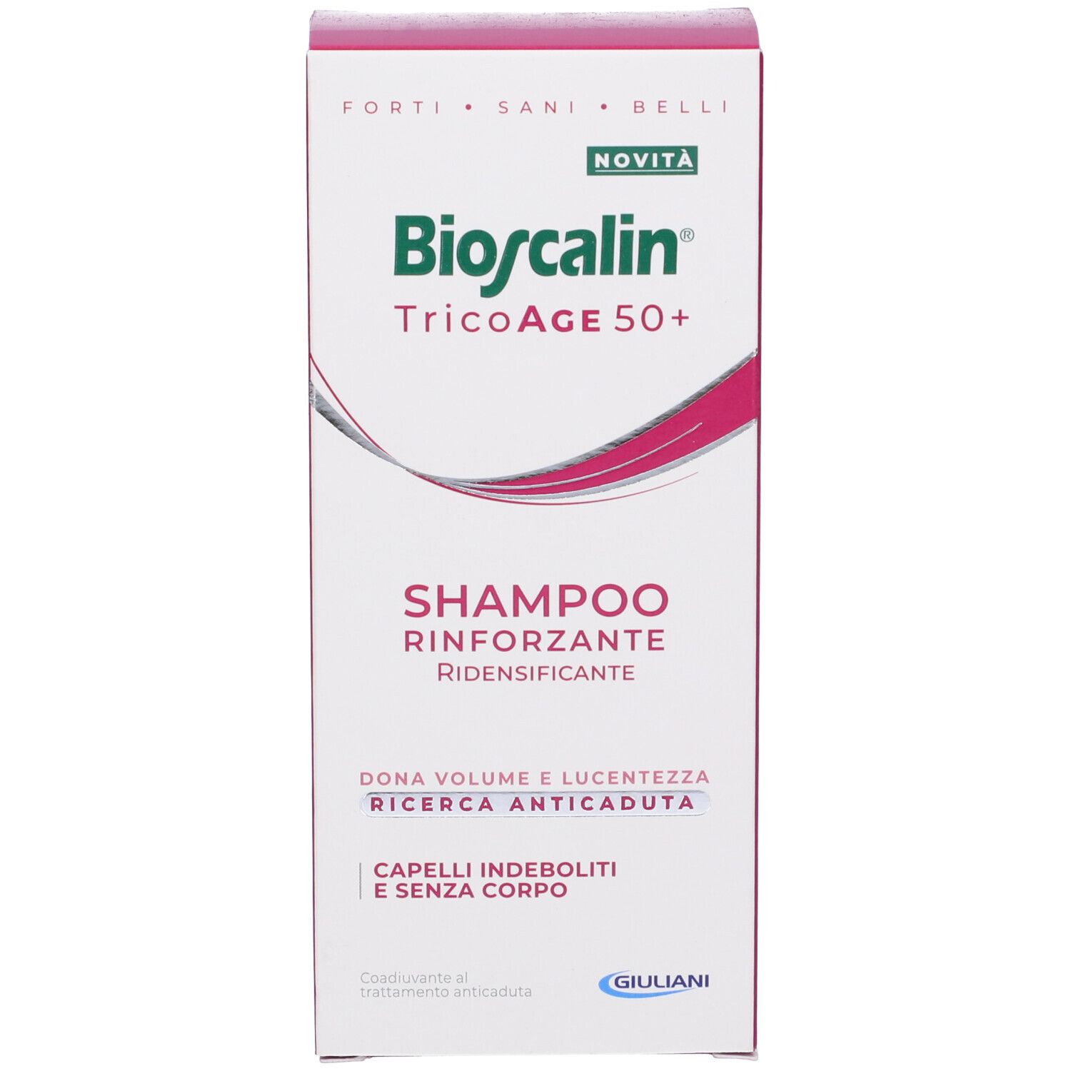 Confezione rosa di Bioscalin TricoAge 50+ Shampoo. Testo: Shampoo Rinforzante Ridensificante. Logo e nome del prodotto.