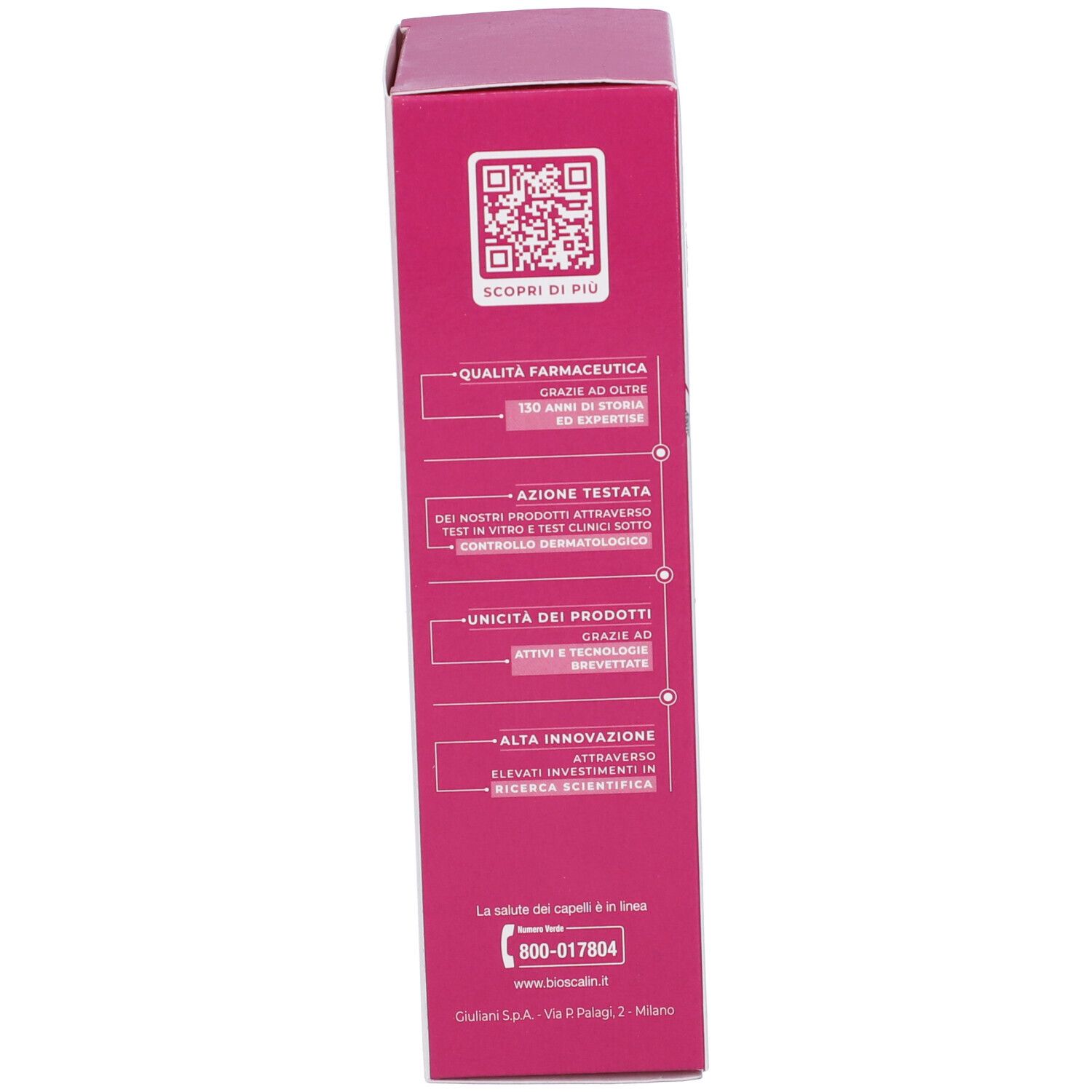 Confezione rosa di Bioscalin TricoAge 50+ Shampoo. Codice QR e testo in italiano. Informazioni sulla qualità.