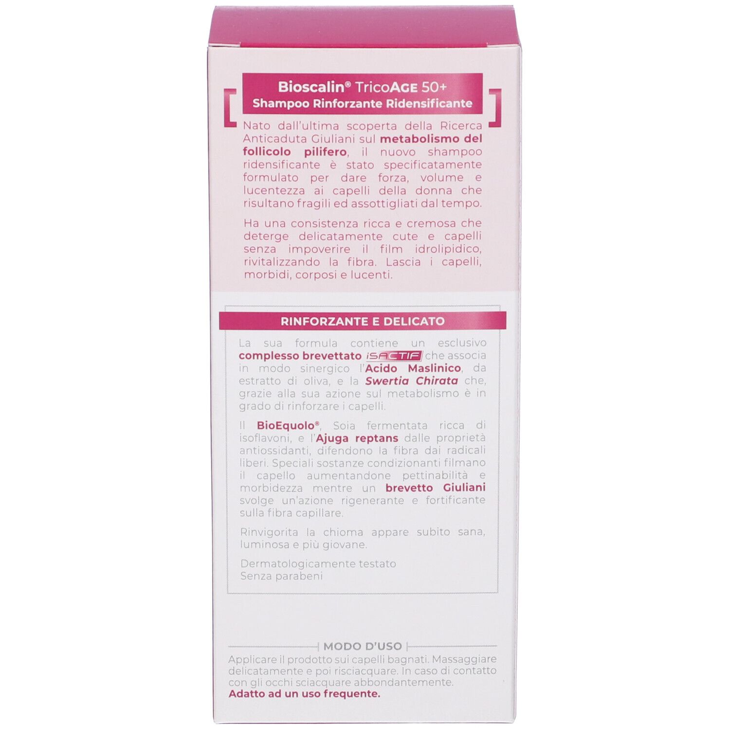 Confezione rosa di Bioscalin TricoAge 50+ Shampoo. Testo in italiano. Informazioni sull'uso e sugli ingredienti.