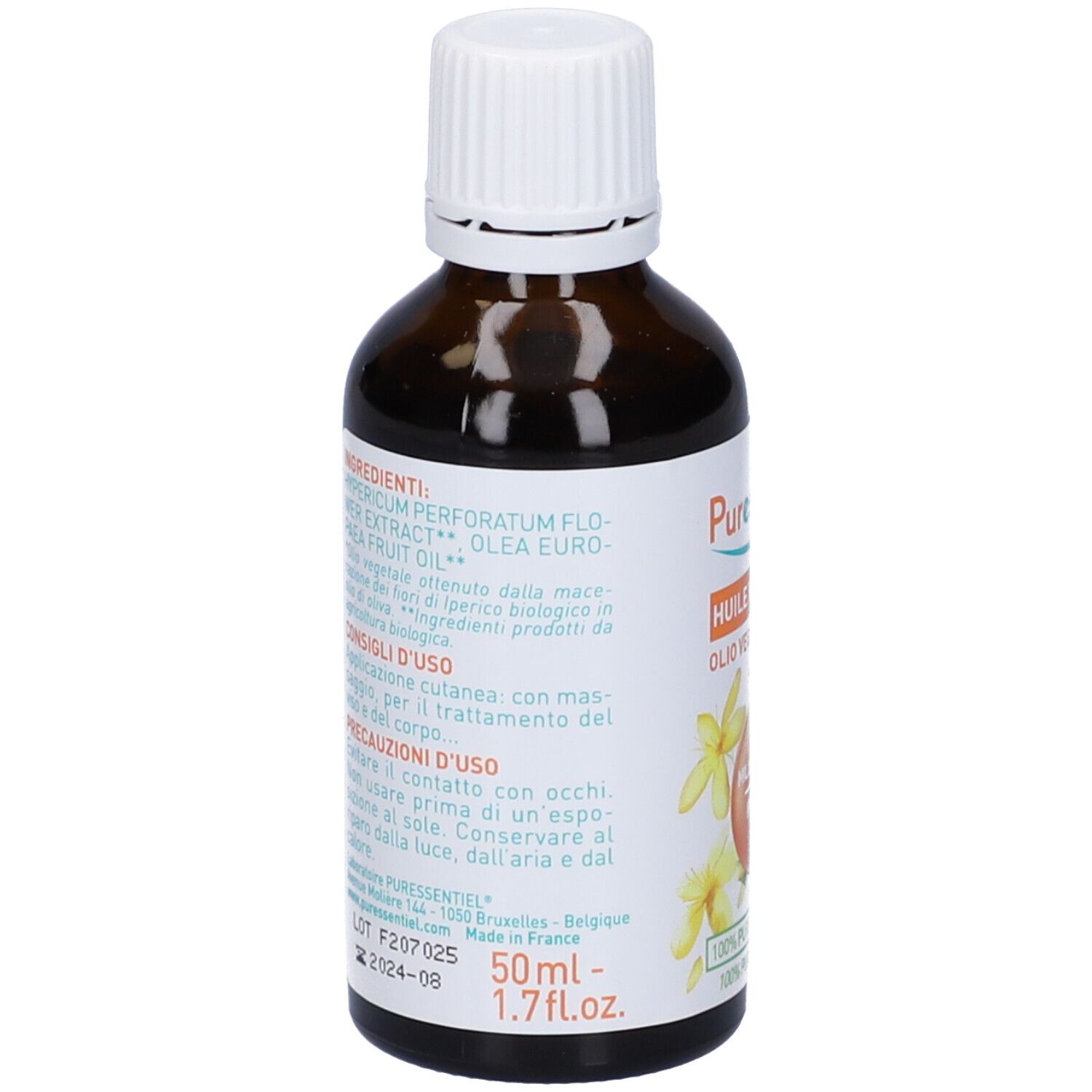 Retro del flacone di vetro marrone. Testo con ingredienti e consigli d'uso. Certificazione bio.