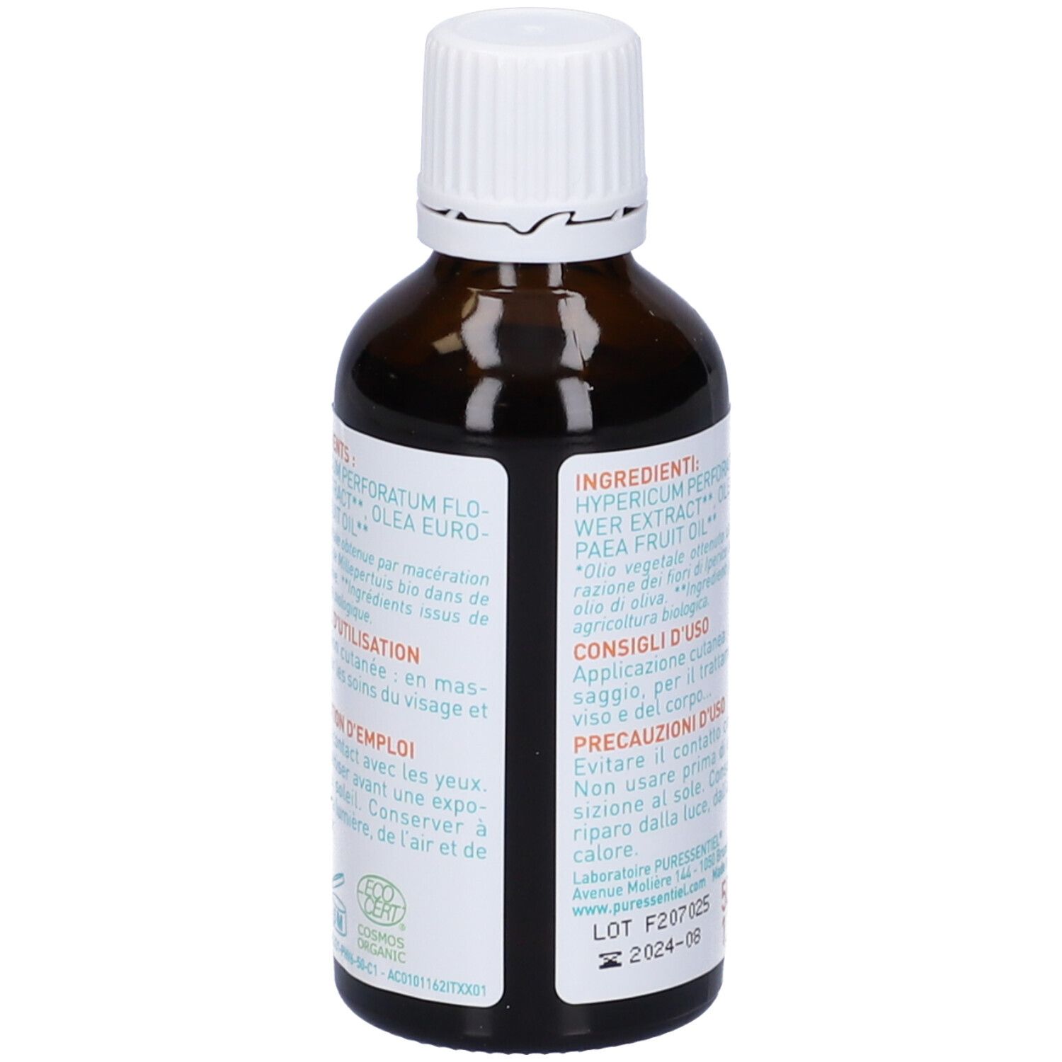 Retro del flacone di vetro marrone. Testo con ingredienti e consigli d'uso. Certificazione bio.