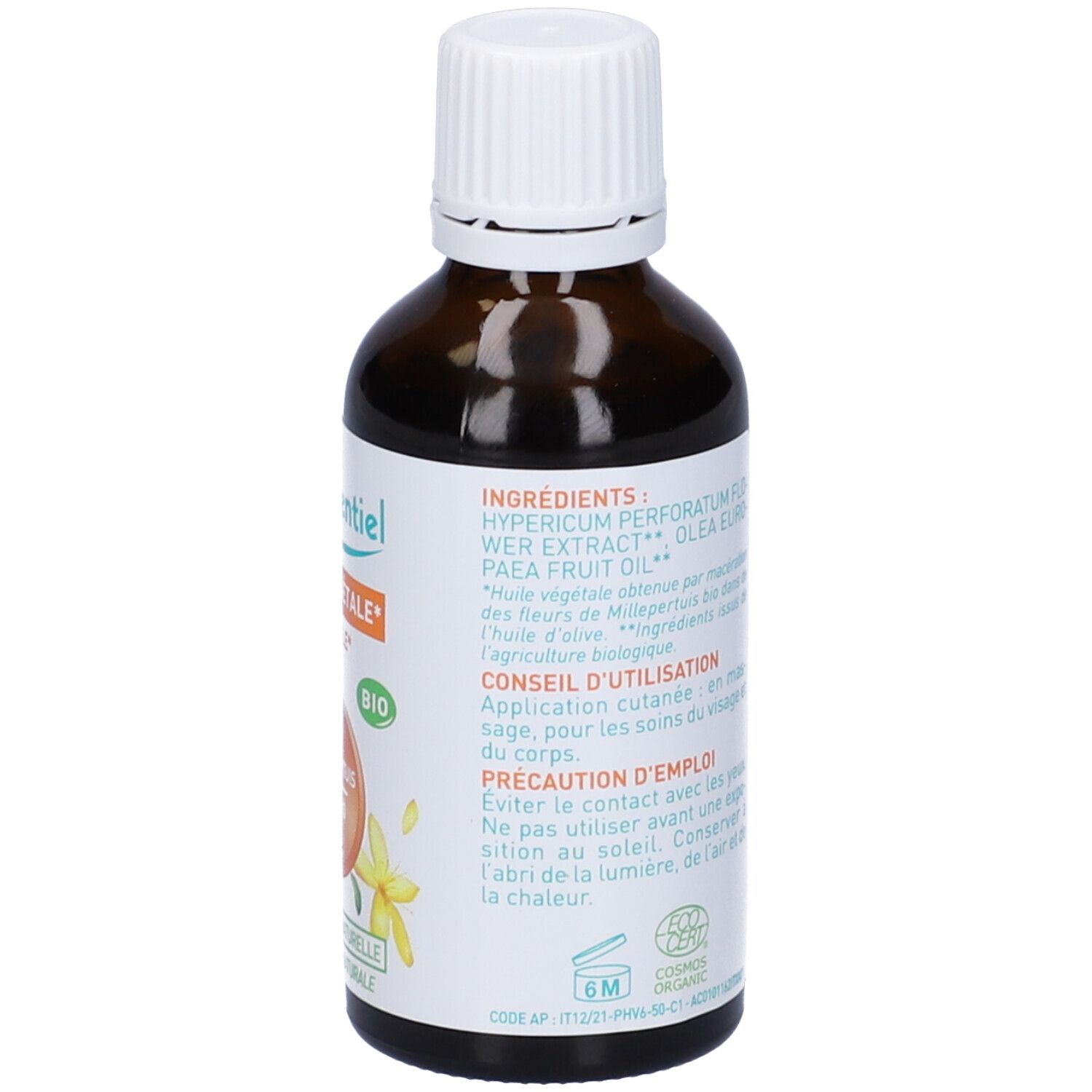 Retro del flacone di vetro marrone. Testo con ingredienti e consigli d'uso. Certificazione bio.