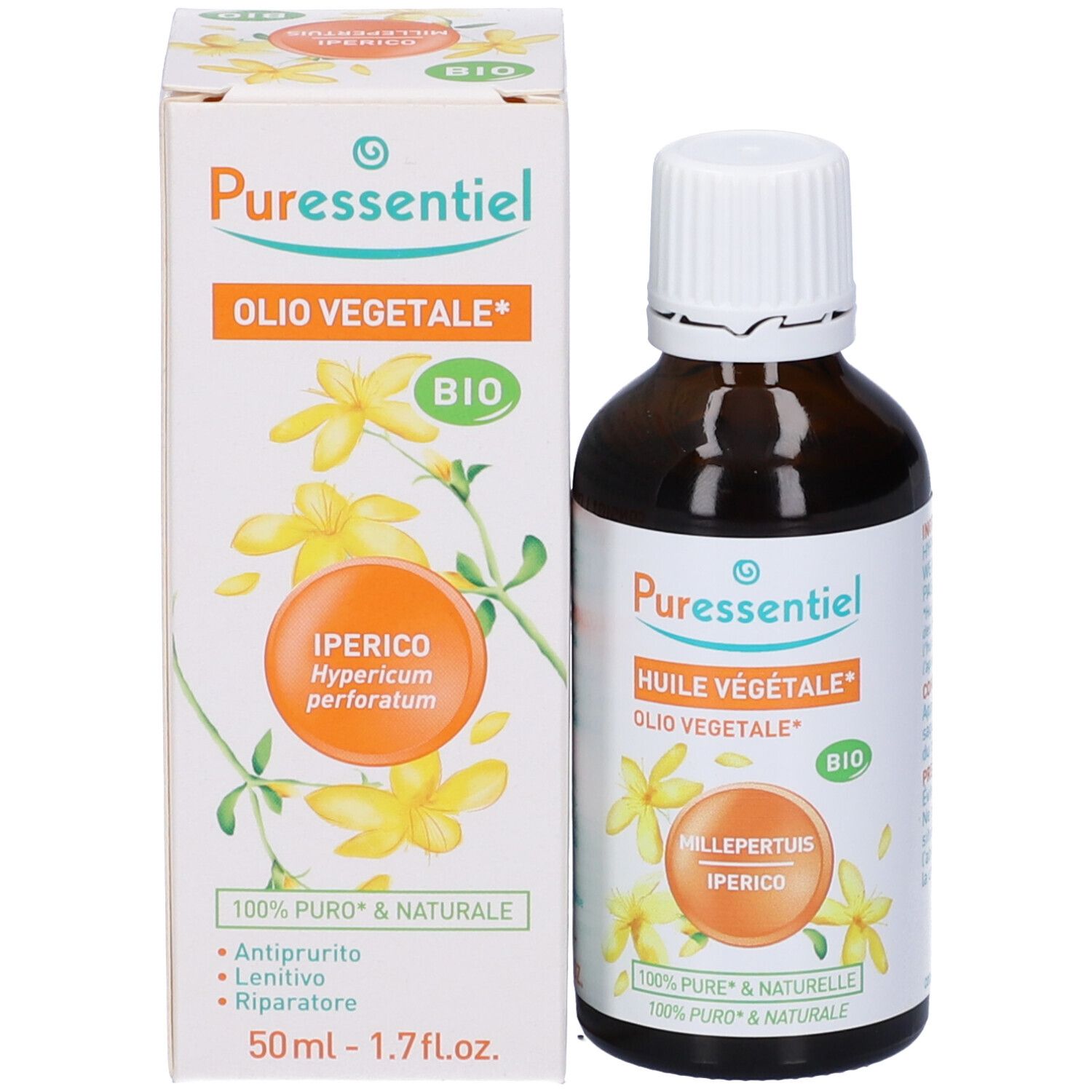 Flacone e confezione del prodotto. Scatola bianca con nome prodotto e fiori gialli. Marchio bio.