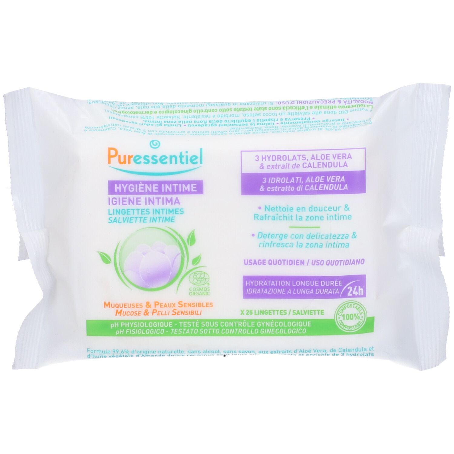 Confezione di salviettine intime. Testo: "Puressentiel Hygiène Intime". Dettagli viola e verdi. 25 salviettine. Certificazione bio.