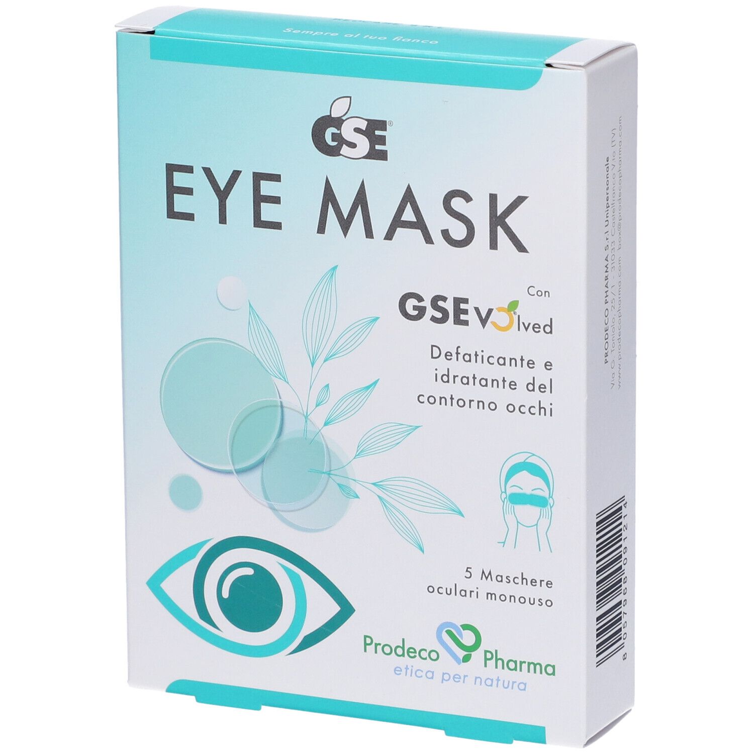 Confezione di GSE Eye Mask. Scritta: Eye Mask, GSE, Defaticante e idratante del contorno occhi. 5 maschere.