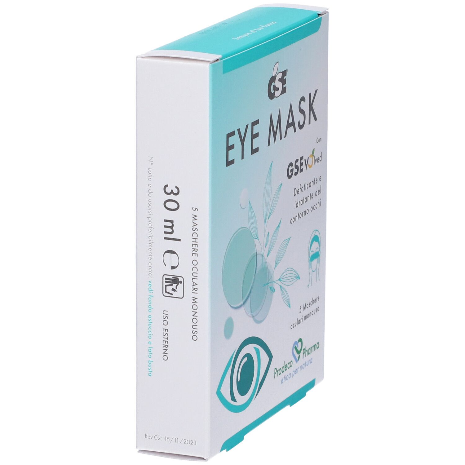Confezione di GSE Eye Mask. Scritta: Eye Mask, GSE, Defaticante e idratante del contorno occhi. 5 maschere.