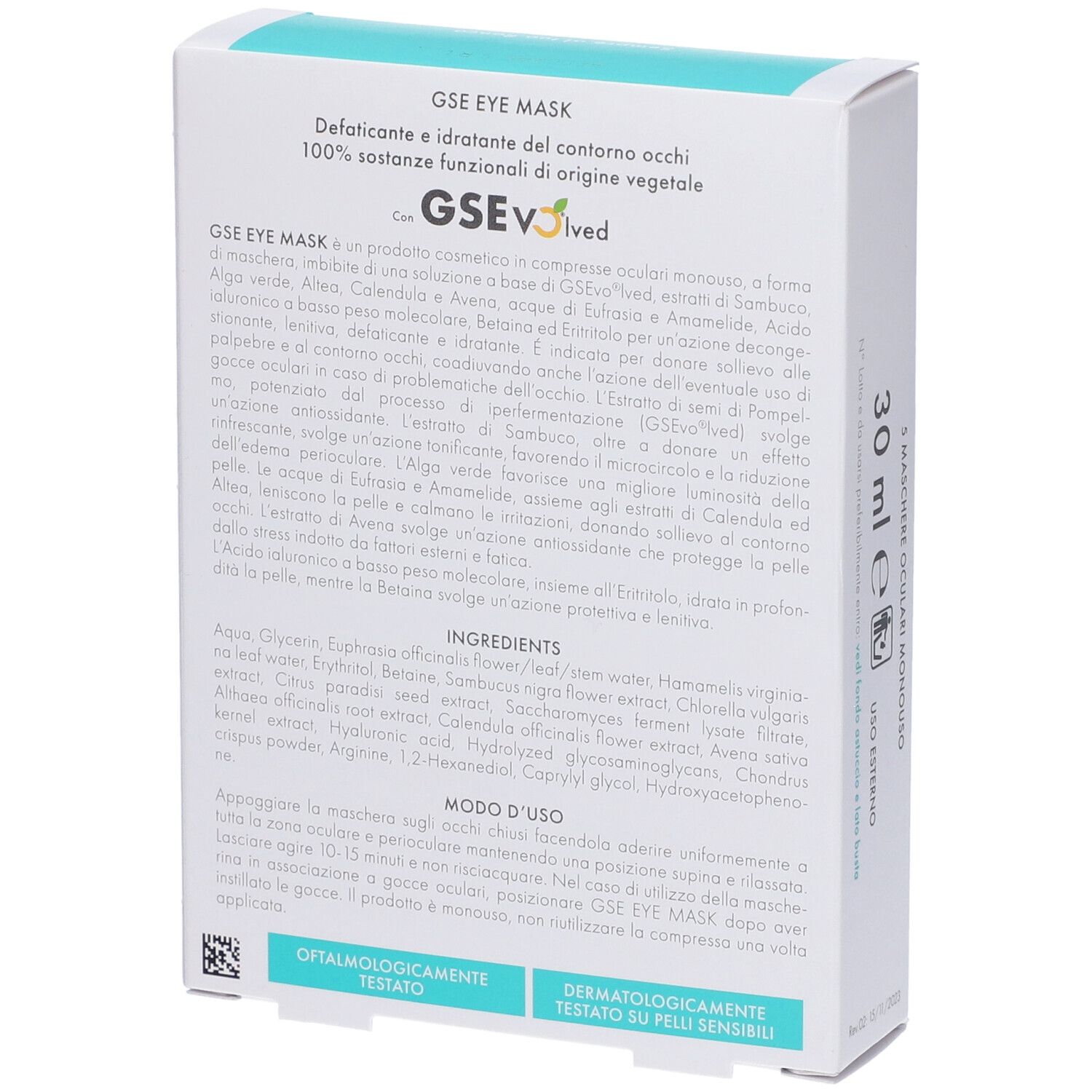 Confezione di GSE Eye Mask. Scritta: Eye Mask, GSE, 30 ml, 5 maschere. Vista laterale.