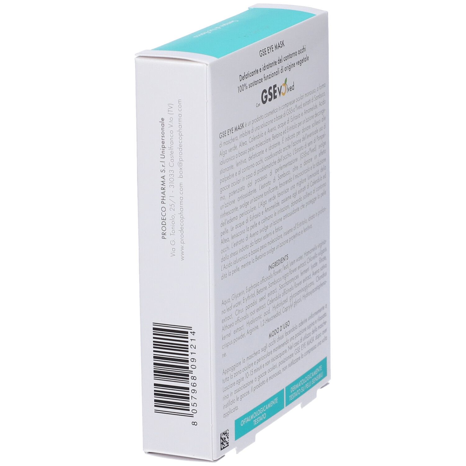Retro della confezione GSE Eye Mask. Testo: GSE Eye Mask, 30 ml, ingredienti, modo d'uso, dermatologicamente testato.