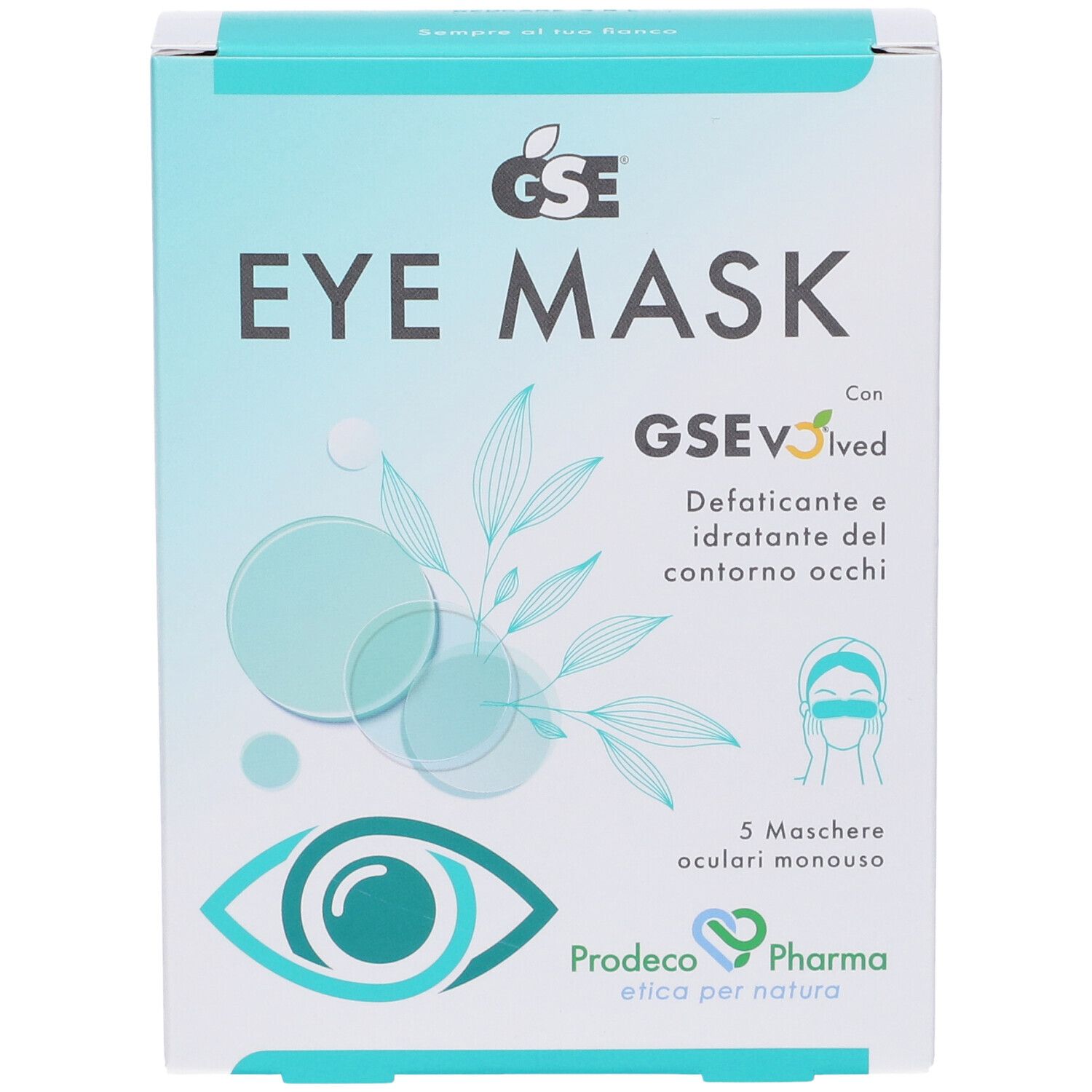 Vista laterale della confezione GSE Eye Mask. Testo: GSE Eye Mask, 30 ml, codice a barre, informazioni produttore.