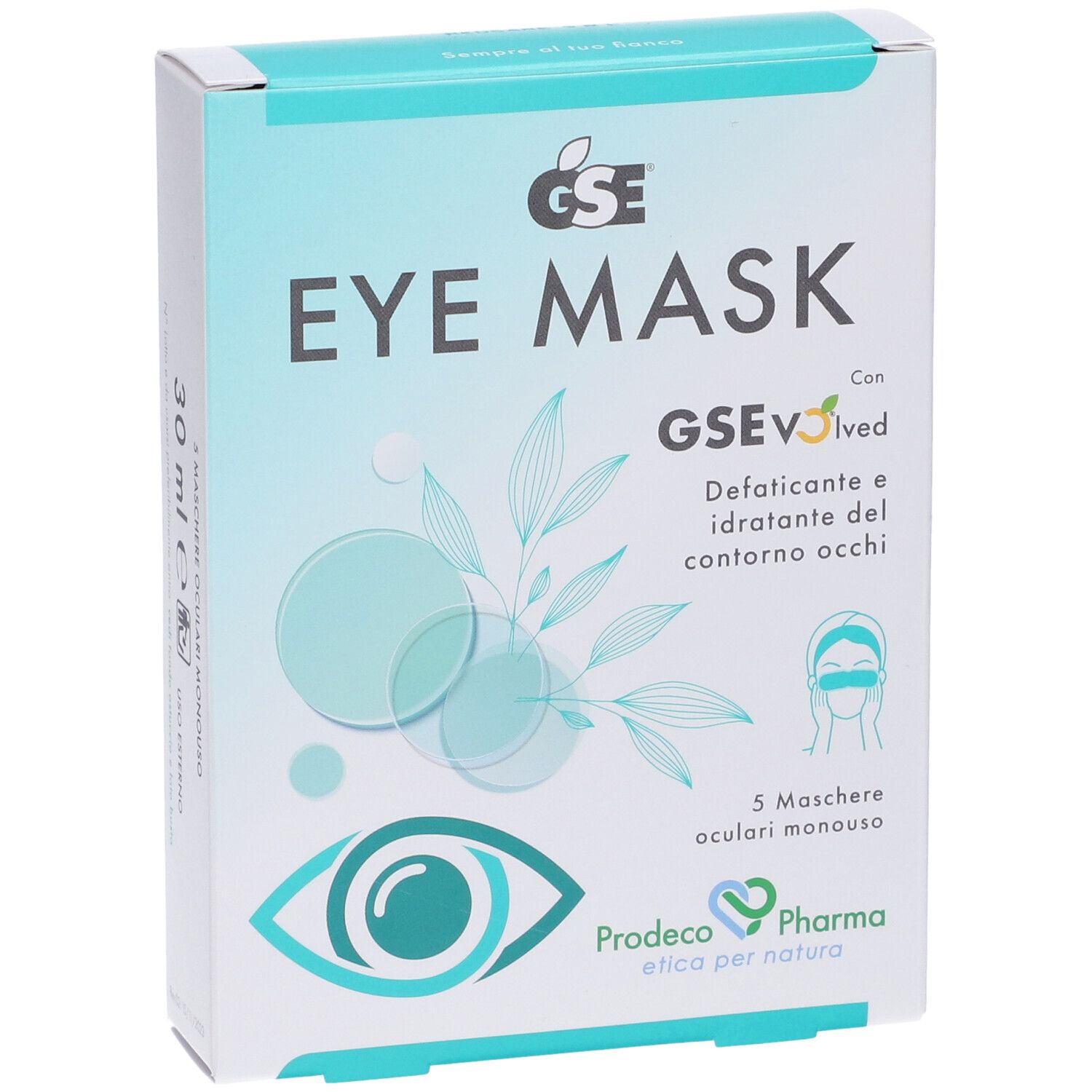 Confezione di GSE Eye Mask. Scritta: Eye Mask, GSE, Defaticante e idratante del contorno occhi. 5 maschere.