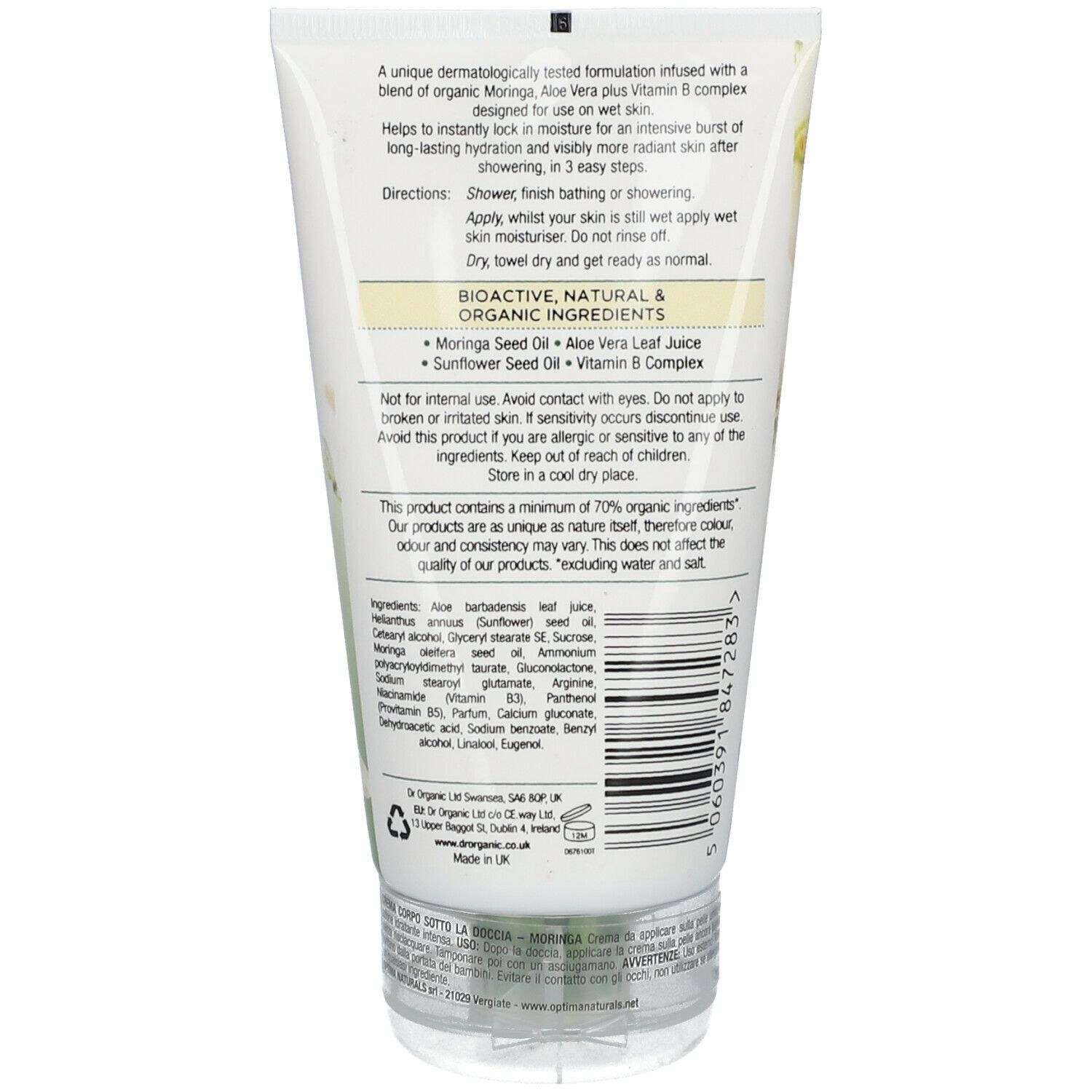 Retro del tubo. Testo: Ingredienti bioattivi, naturali e biologici. Contiene olio di semi di Moringa, Aloe Vera.
