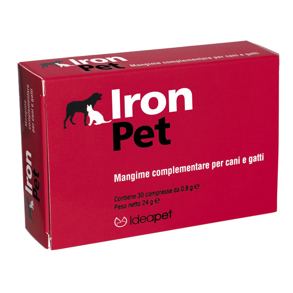 Scatola rossa con nome prodotto Iron Pet e logo. Testo: Mangime complementare per cani e gatti. Contiene 30 compresse.