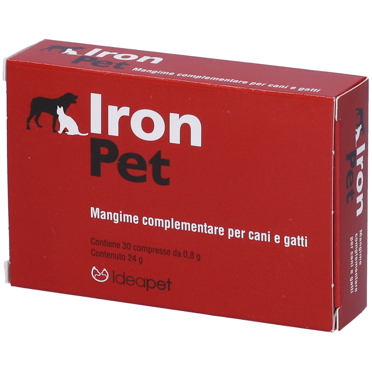 Scatola rossa con nome prodotto Iron Pet e logo. Testo: Mangime complementare per cani e gatti. Contiene 30 compresse.