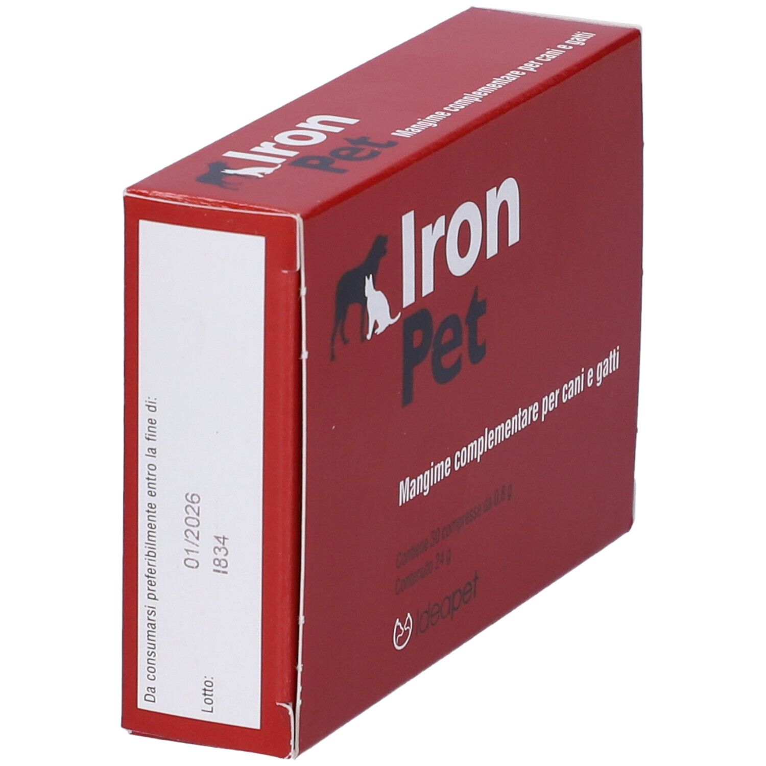 Scatola rossa con nome prodotto Iron Pet e logo. Testo: Mangime complementare per cani e gatti. Data di scadenza.